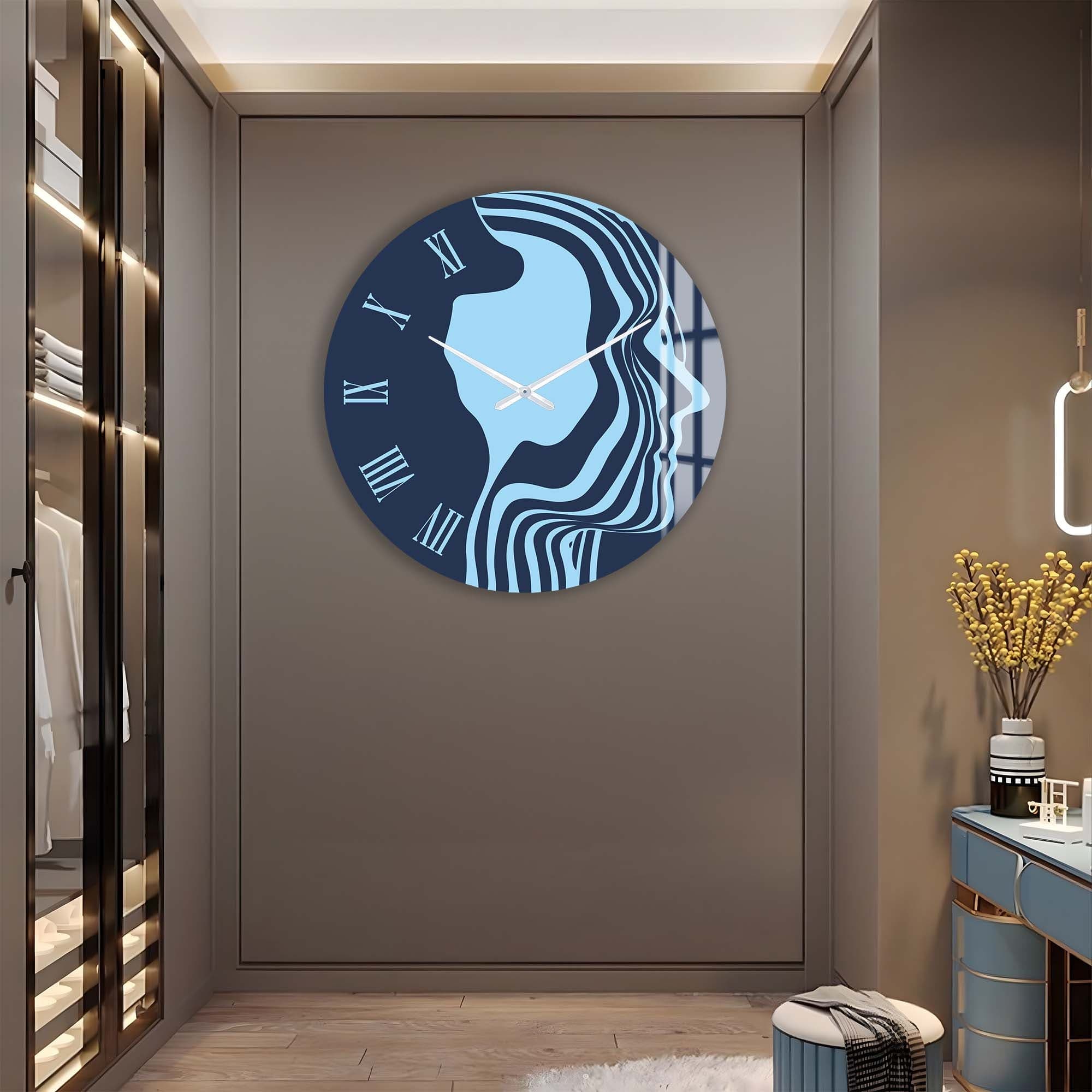 Blue Silhouette Glass Wall Clock - Modern Decorative Clock for Living Room, Bedroom & Office - Silent Non-Ticking Battery Operated