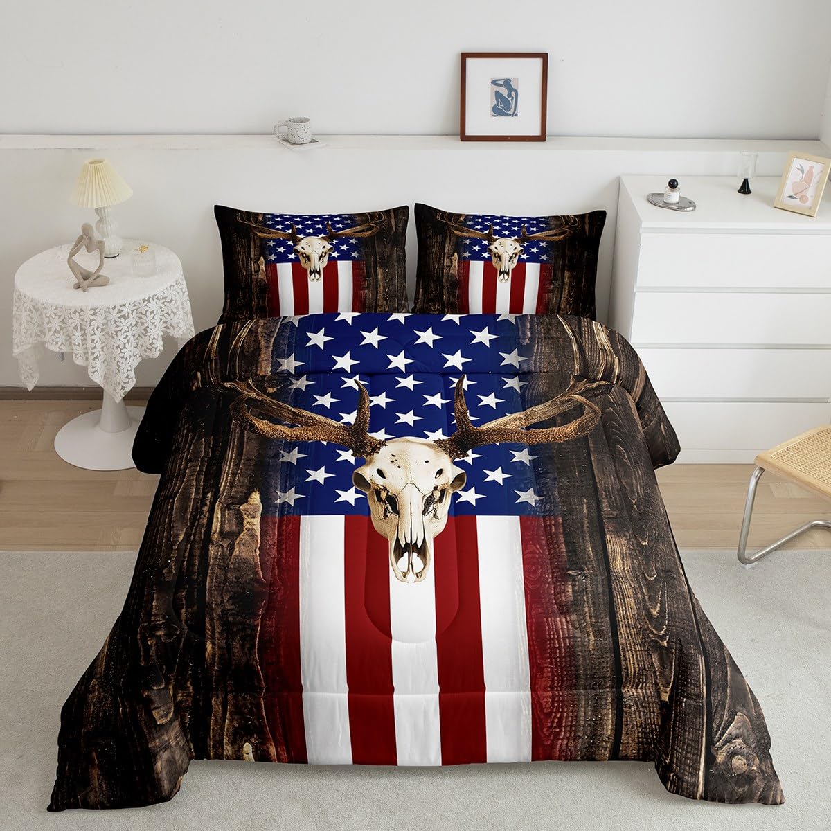 Erosebridal Queen Size American Flag Comforter Set - Halloween Gothic Duvet Cover with Antlers & Wildlife Animals Design - Brown Wooden Theme Bedding for Kids, Boys & Teens - Perfect for Themed Bedrooms, Dorm Decor & Seasonal Home Decoration