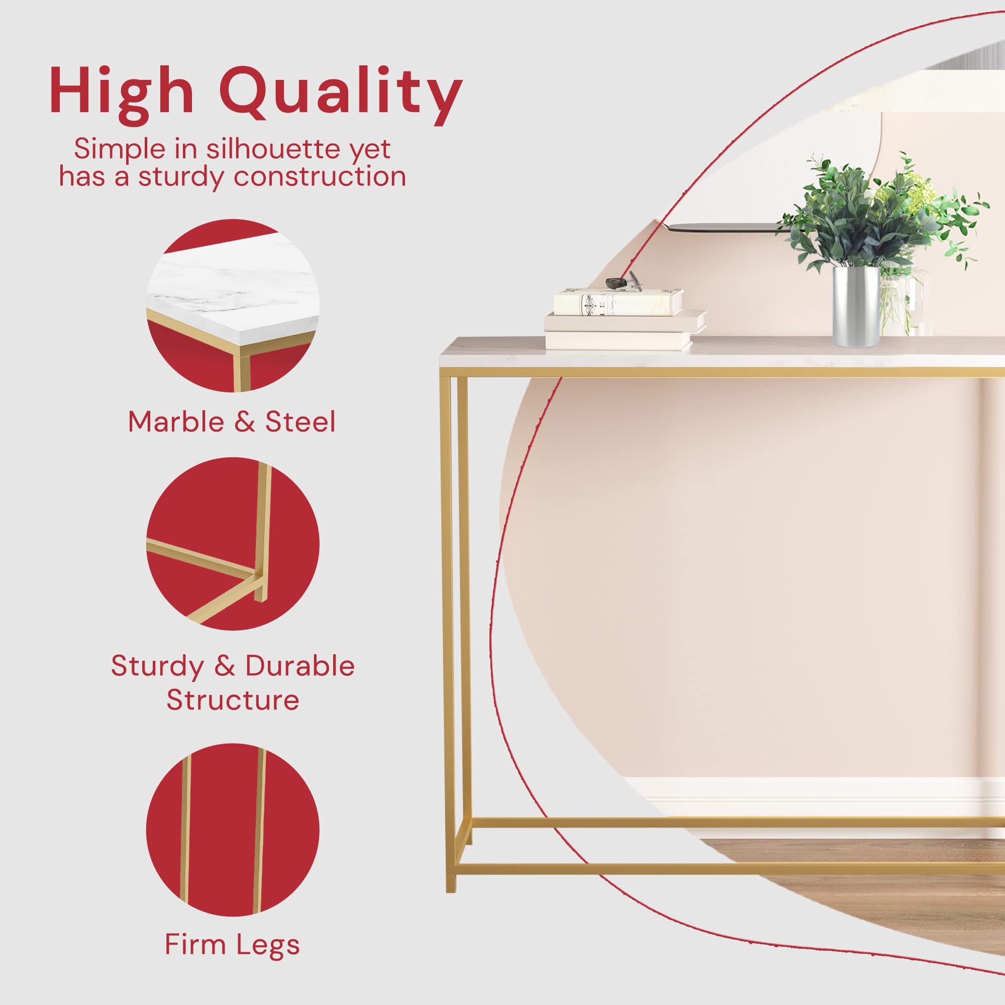 Safdie & Co. White Marble Console Table with Gold Metal Base - 31