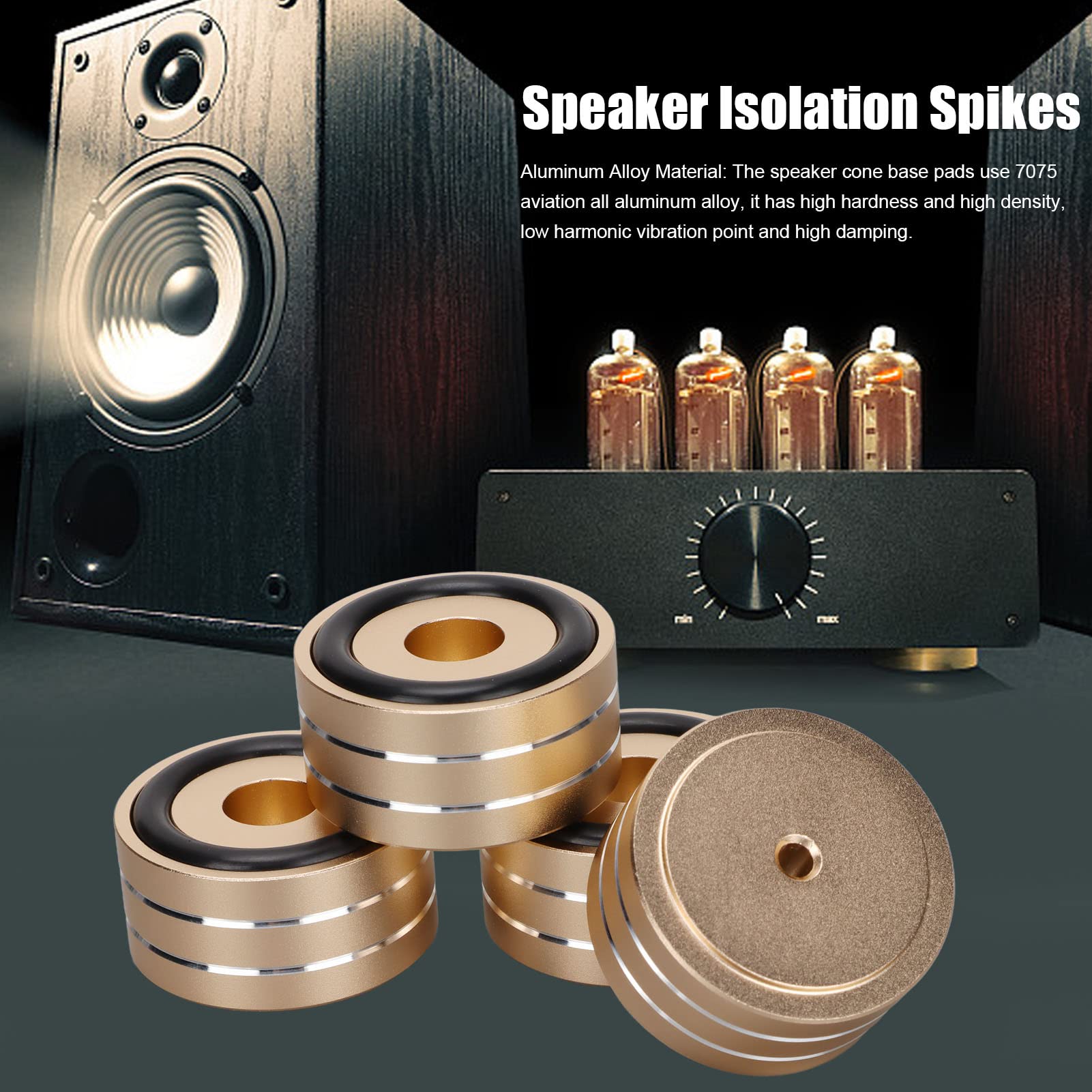 Yunseity 4pcs 40x20mm Golden Aluminum Alloy Speaker Spikes with Non-Slip Rubber Rings - Premium Isolation Stands for CD, DVD Players, Tube Amplifiers, and Home Theater Systems