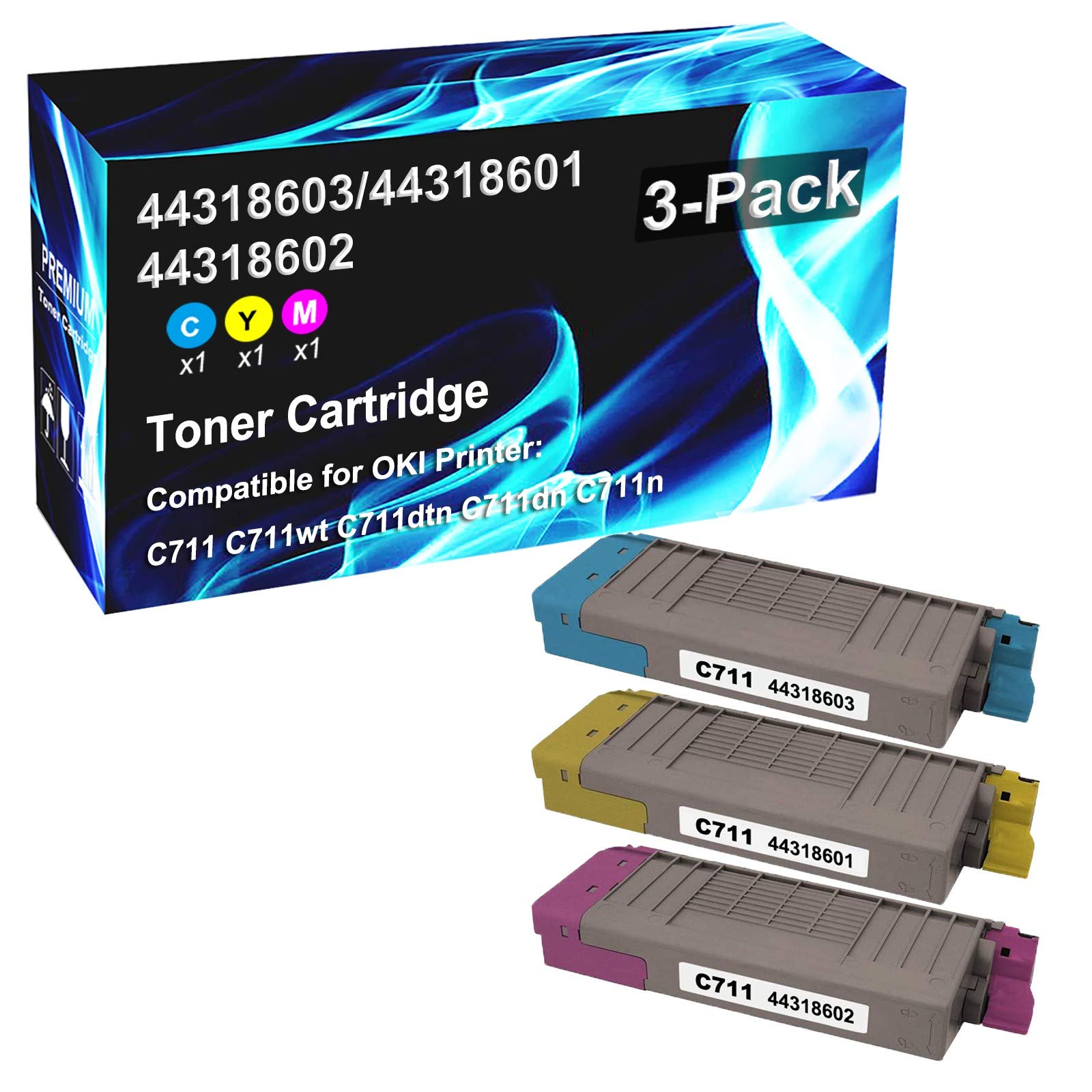 3-Pack High-Yield Compatible Toner Cartridge for OKI C711 C711wt C711dtn C711dn C711n Laser Printers - Replacement for C710 C711 44318603 44318601 44318602 - Perfect for Office & Home Printing Needs