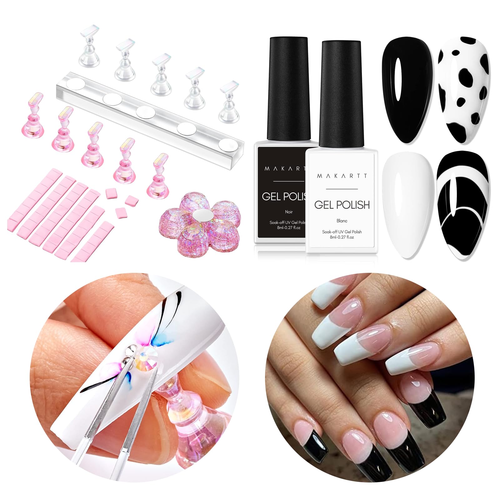 Makartt Black & White Soak Off Gel Nail Polish Kit with Nail Stand - Professional Nail Practice Set for DIY Manicures, Salon Training, and Home Nail Art
