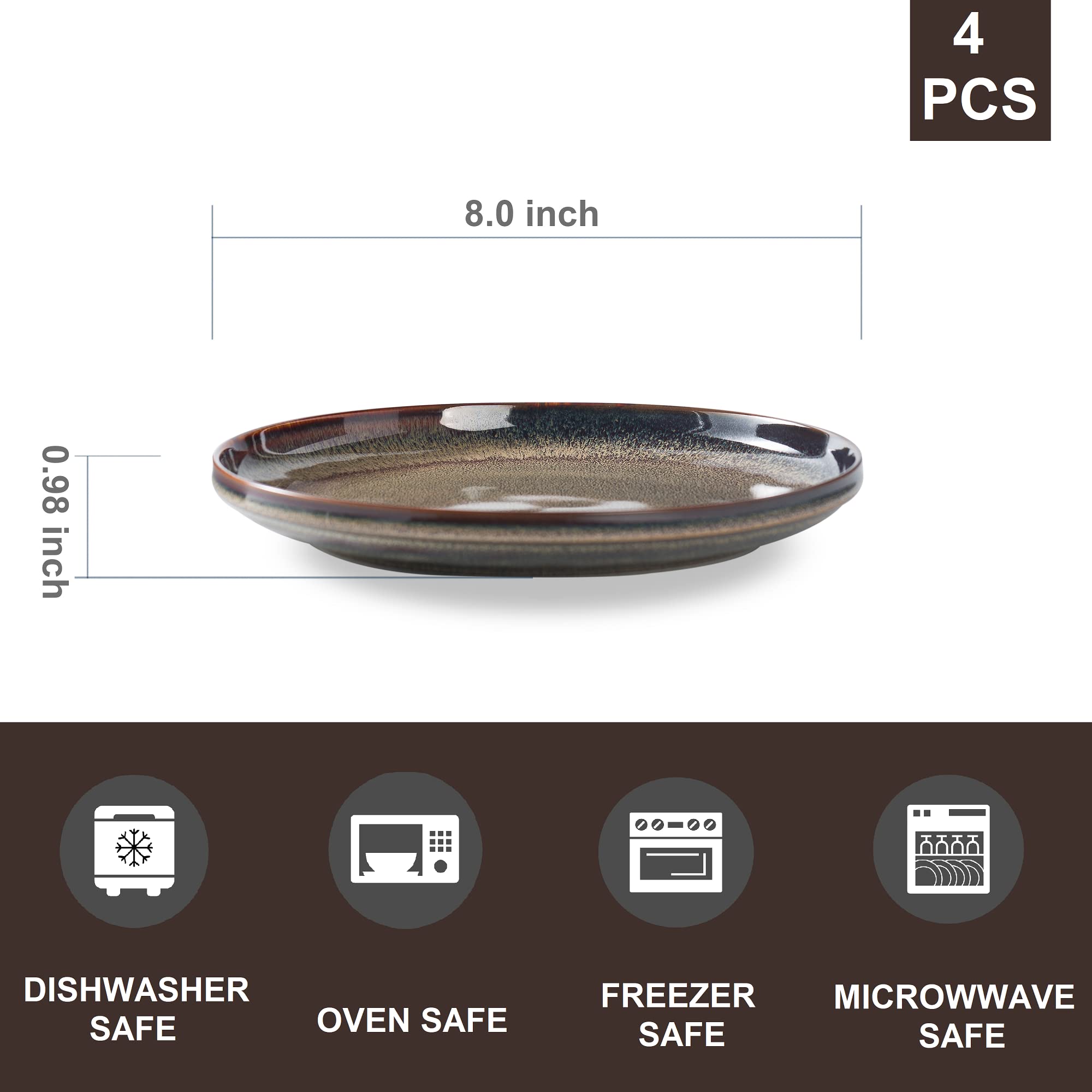 4-Piece Ceramic Dinner Plate Set - 8 Inch Microwave Safe Porcelain Plates for Party, Wedding & Everyday Dining - Includes Dessert & Salad Plates