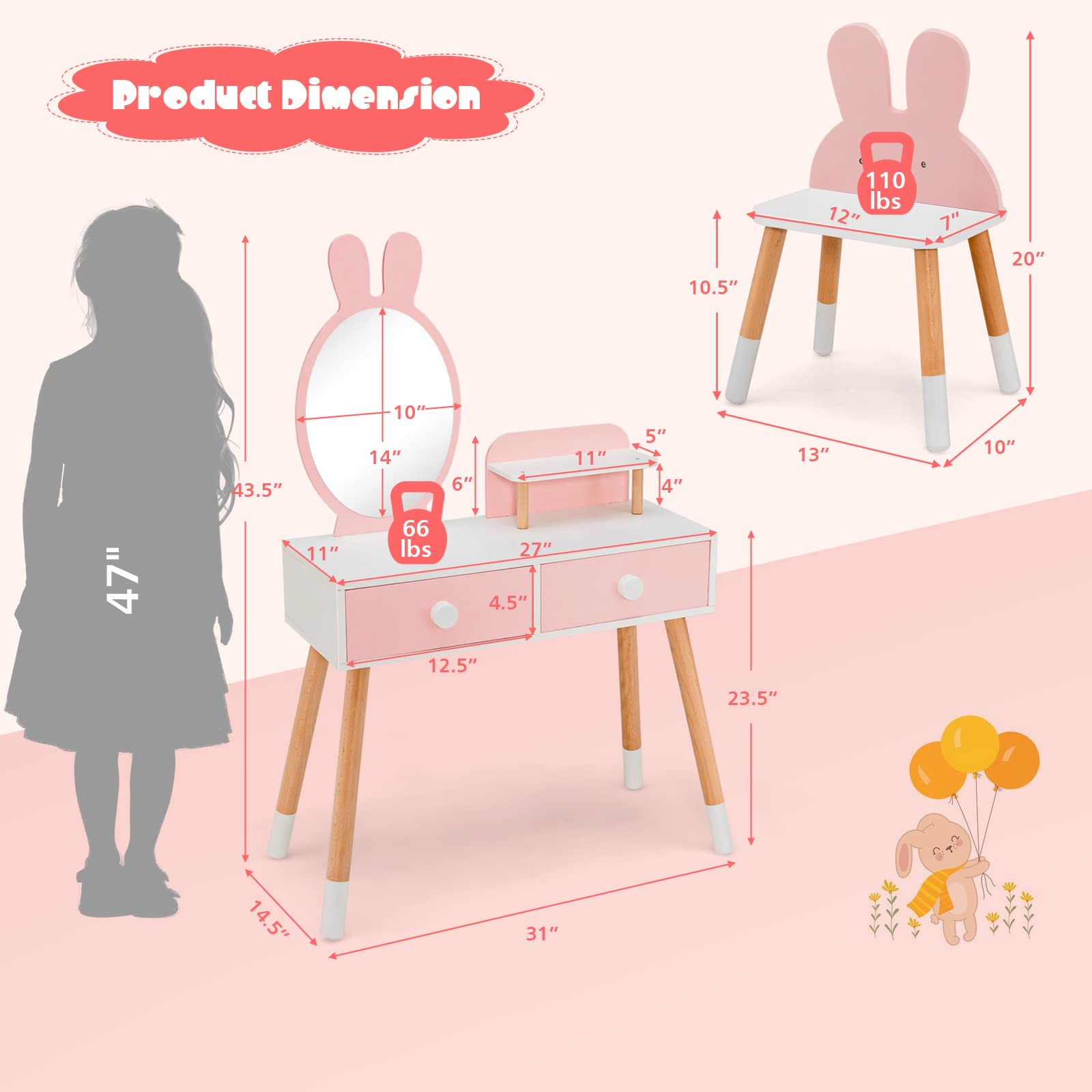 HONEY JOY Kids Vanity Set - Rabbit Themed Wooden Makeup Table & Chair with 2 Large Drawers, Beech Wood Legs, Princess Dressing Beauty Table for Girls - Pink Vanity with Mirror & Stool | Perfect for Bedroom Decor, Birthday Gifts & Pretend Play