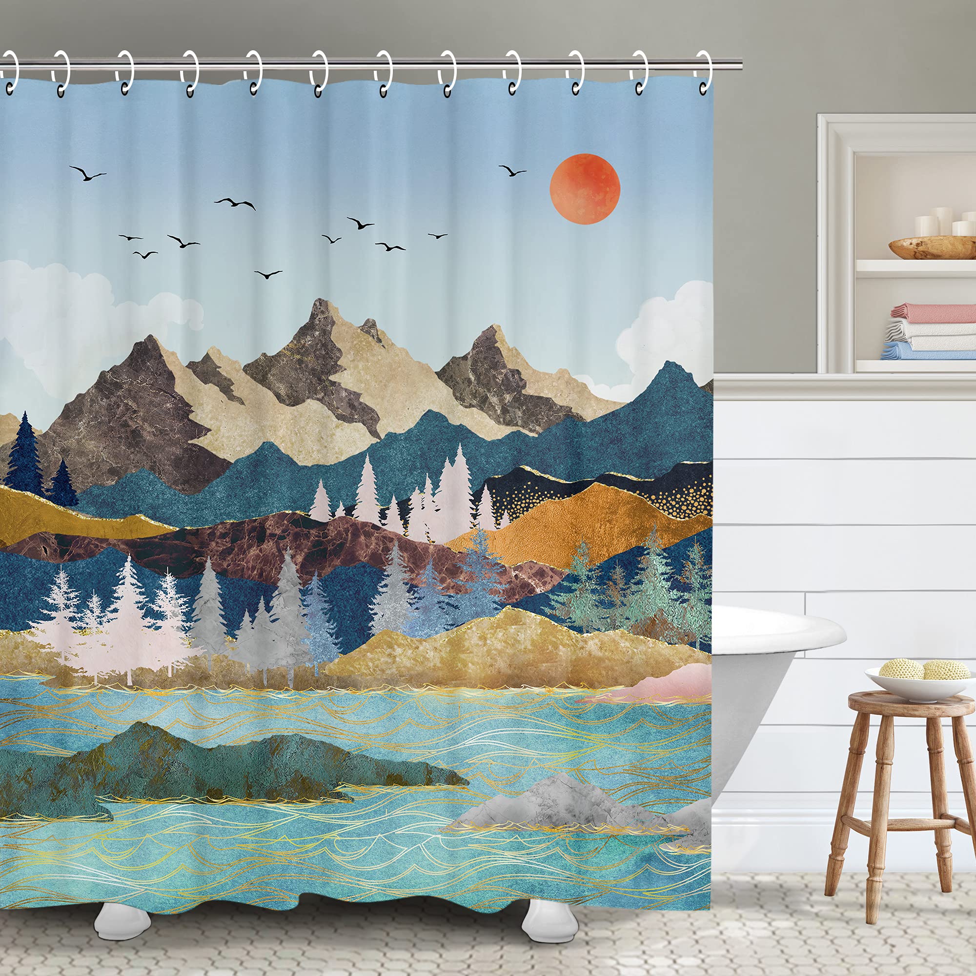 RosieLily Waterproof Mountain Forest Shower Curtain with Cool Hooks - Japanese Sunset Landscape Bathroom Decor, 72x78 Inches - Perfect for Nature Lovers & Spa-Inspired Bathrooms