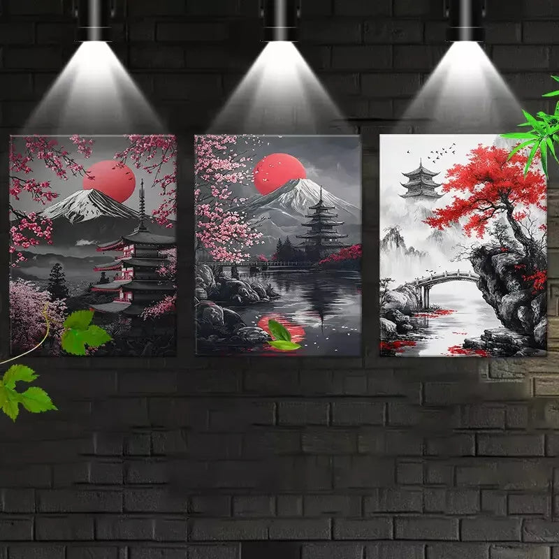 3-Piece Nature Scenes Wall Art Set - Mount Fuji & Red Floral Canvas Prints (50x70cm) | High-Quality Framed Australian-Made Wall Decor | Perfect for Living Room, Bedroom & Office Decoration