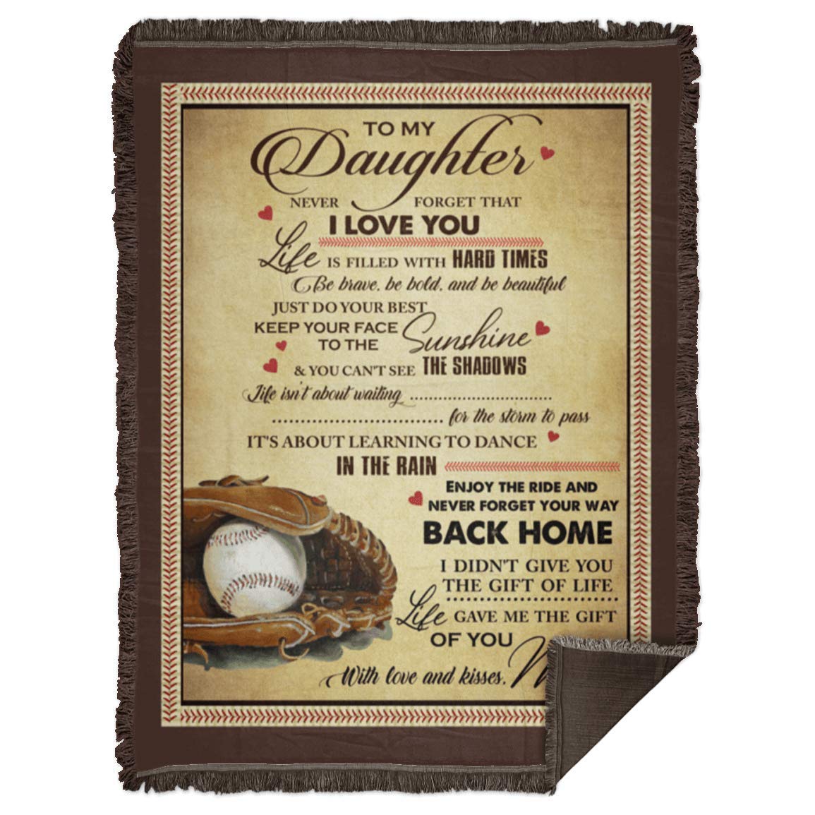 Premium Woven Blanket 60x80 White - Soft Baseball Themed Gift for Daughter's Birthday, Home Decor Throw with 'Never Forget I Love You' Message - Perfect for Cozy Nights, Family Movie Time & Heartwarming Surprise Gifts