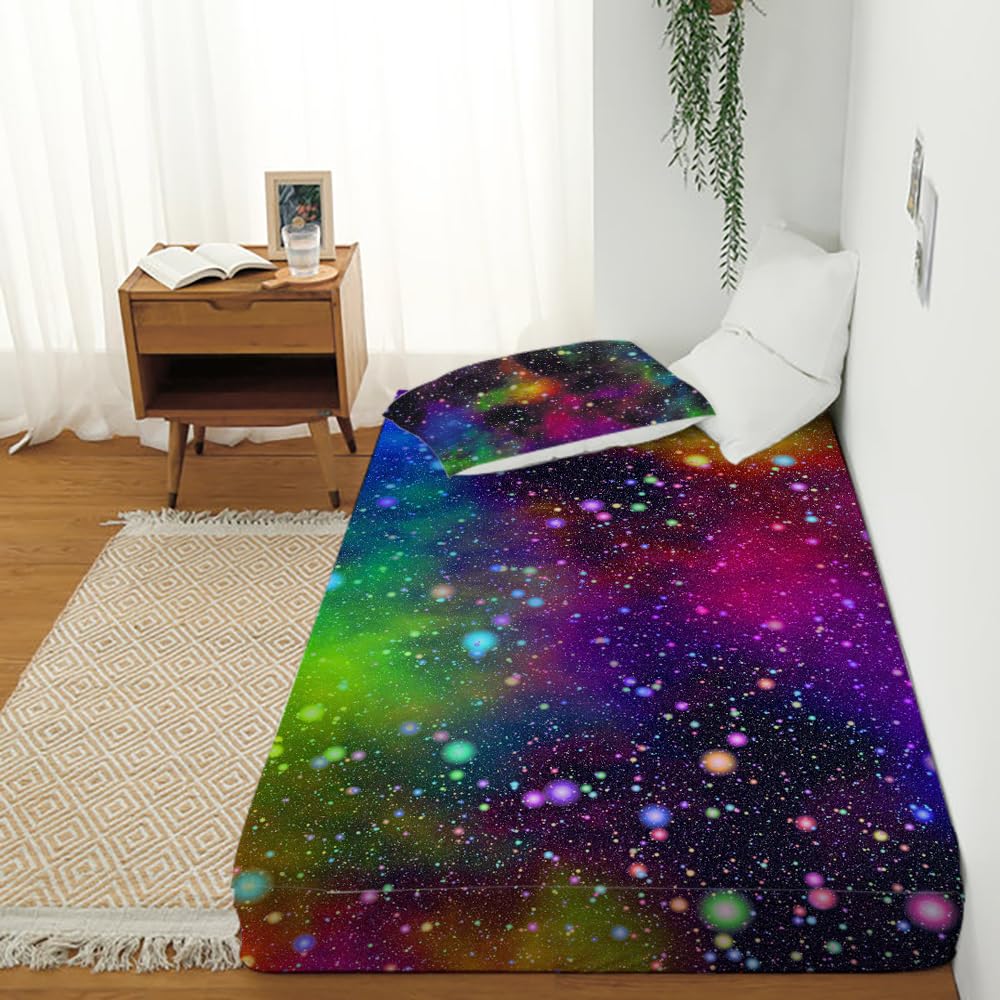 Rainbow Galaxy Queen Fitted Sheet Set - Space Themed Bedding for Kids - 3 Piece Microfiber Set with Deep Pocket & Wrinkle Free (Includes 1 Sheet + 2 Pillowcases) - Perfect for Kids' Rooms, Space Themed Decor & Gift Giving