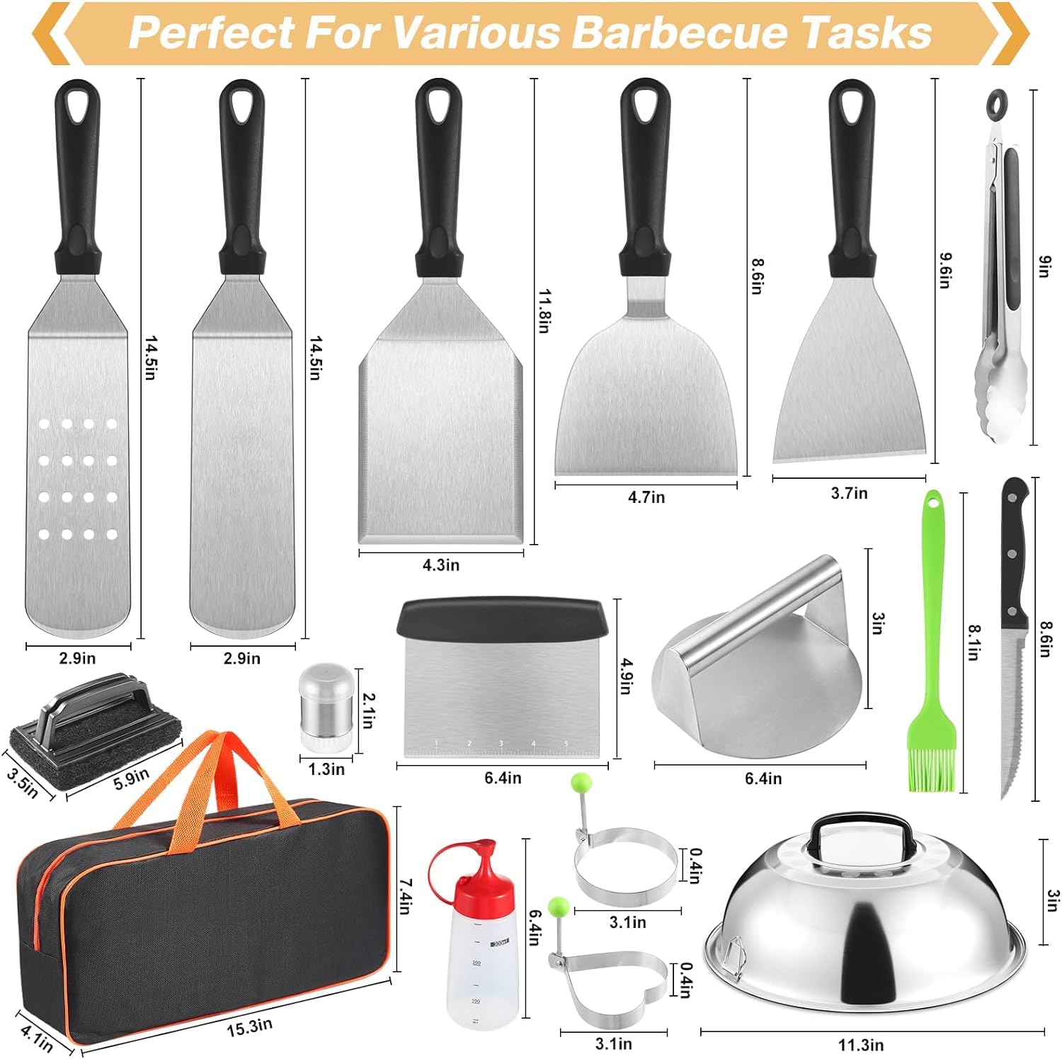 19-Piece Griddle Accessories Kit for Blackstone & Camp Chef - Metal Spatula Set, Burger Press, Basting Cover, Melting Dome, Tongs & Carry Bag - Perfect for Outdoor Grilling, BBQ & Camping Cooking