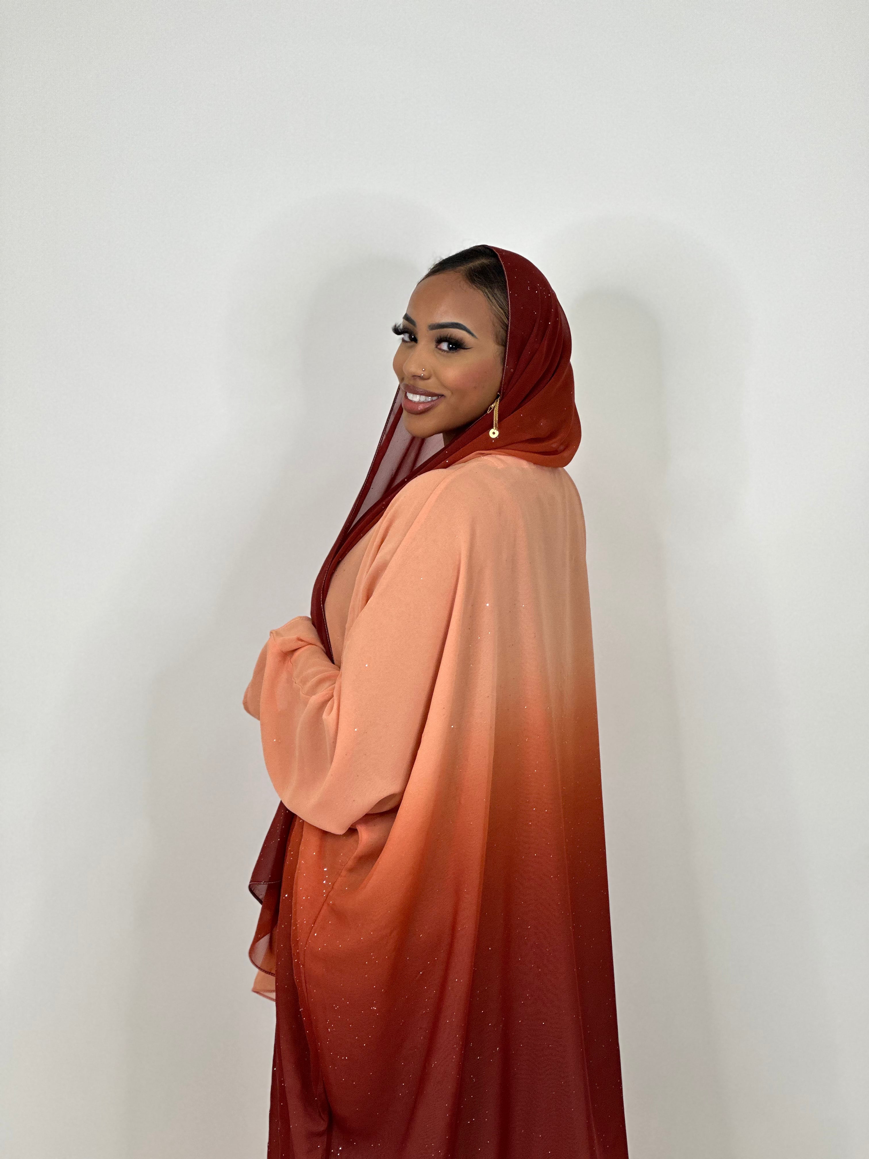Elegant Sunset Ombré Stars Abaya Dress for Women - Modest Islamic Fashion for Prayer, Evening Events & Special Occasions