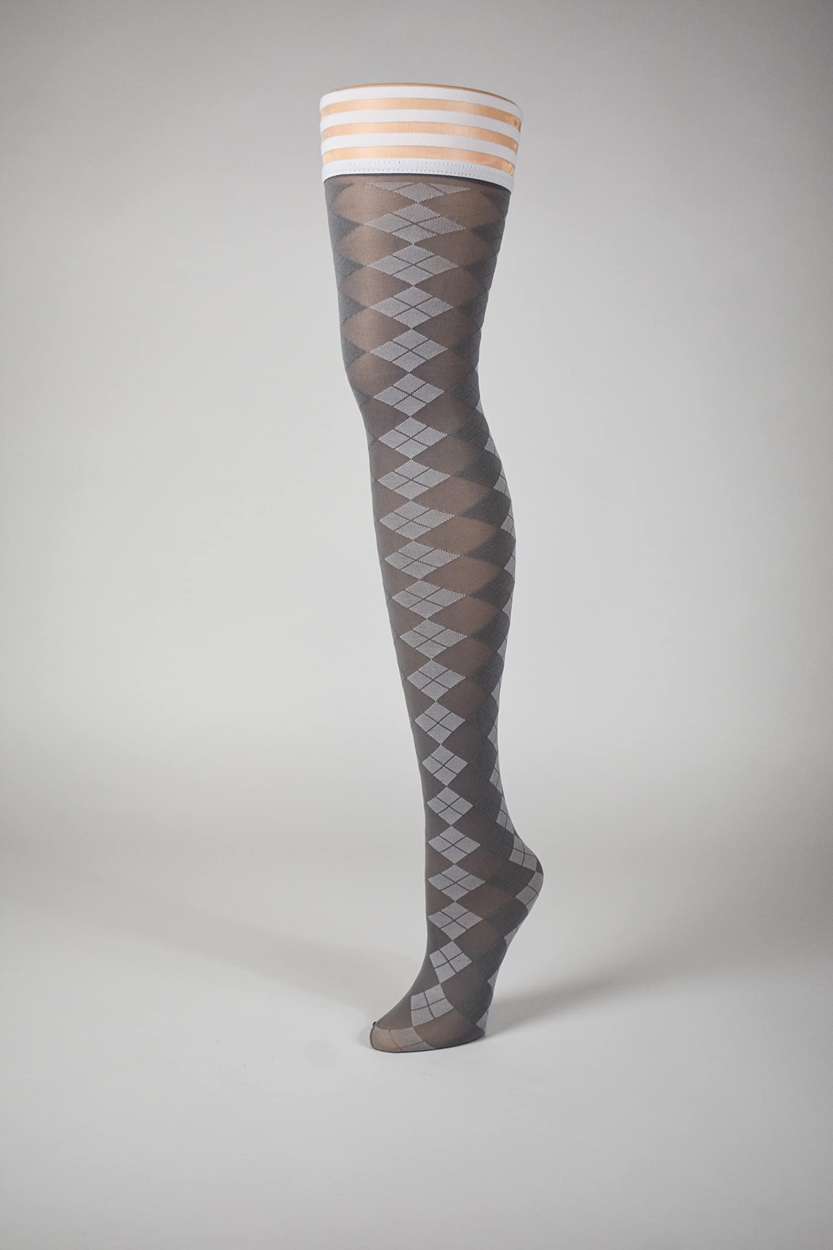 Kix'ies Thigh High Stockings for Women - No Slip Grip Stay Up Thigh Bands | Sexy Lingerie & Hosiery in Grey Argyle Pattern (1346A) | Perfect for Date Night, Office Wear & Special Occasions
