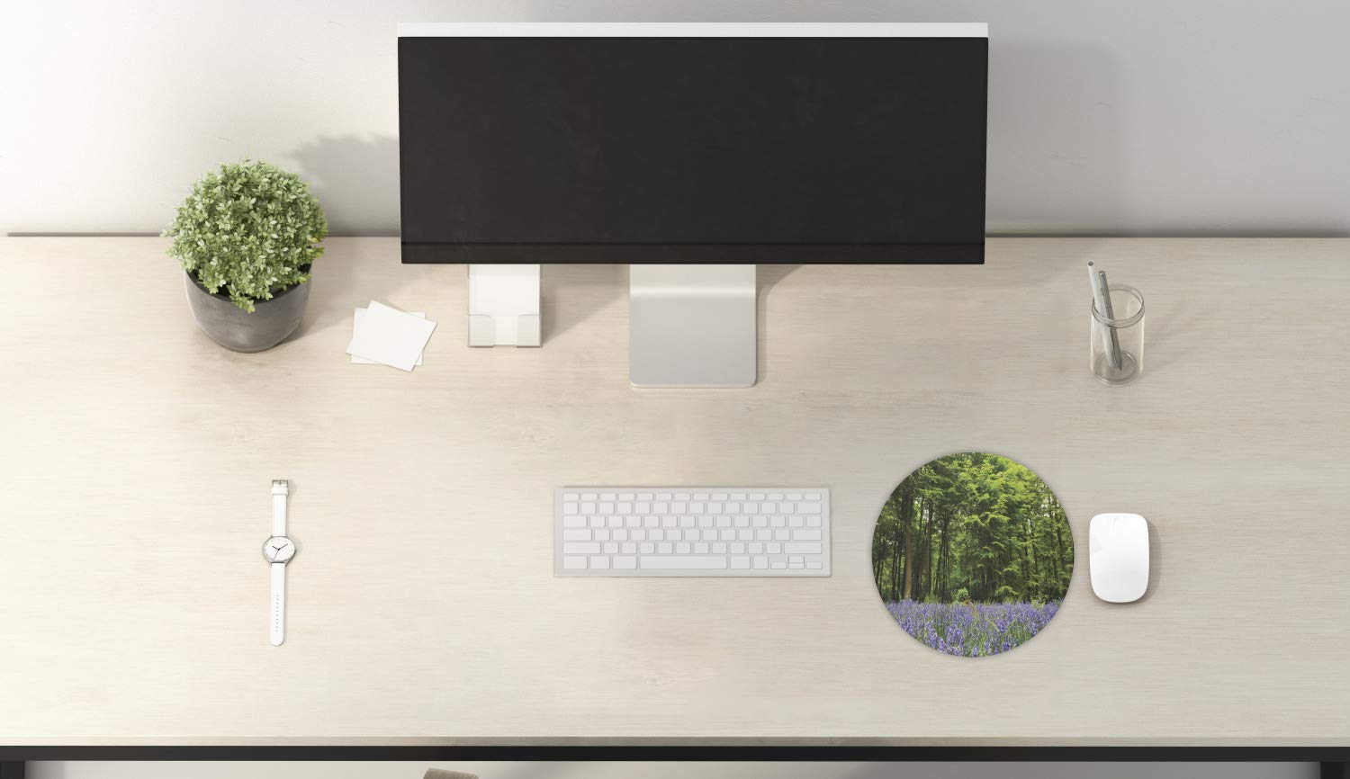 Ambesonne Round Non-Slip Gaming Mouse Pad - 8 Inch Woodland Mousepad with Bluebells Flowers Forest Design, Thick Rubber Base for Computer & Office Use | Perfect for Spring Decor, Gaming Setup & Workspace Accessories (Purple Green)