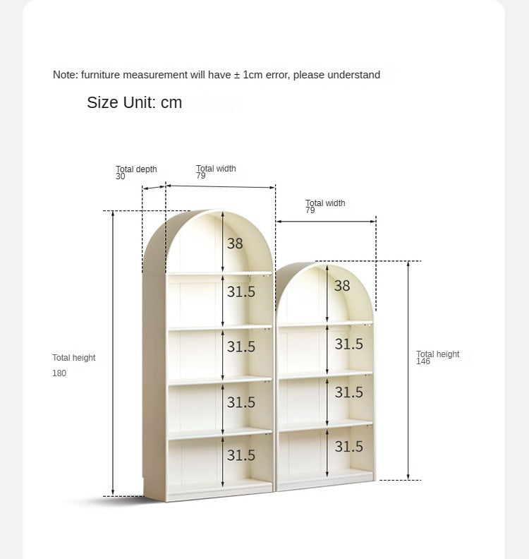 Solid Poplar Wood Arch Bookcase - Display Cabinet & Bookshelf in Cream for Living Room, Bedroom & Office Storage