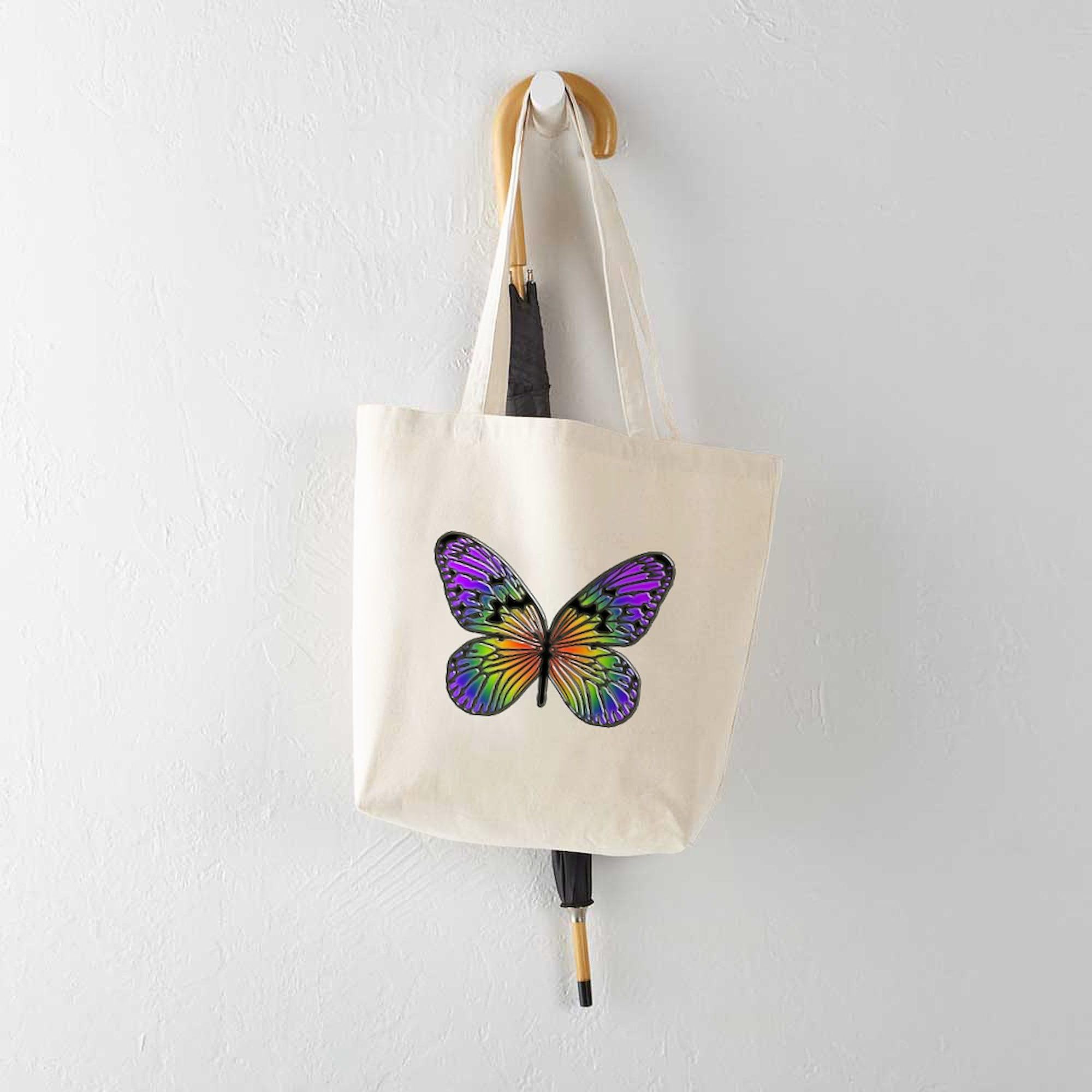 Rainbow Butterfly Tote Bag - Natural Canvas Reusable Shopping Bag for Women, Eco-Friendly Grocery Tote for Beach, Market & Daily Use