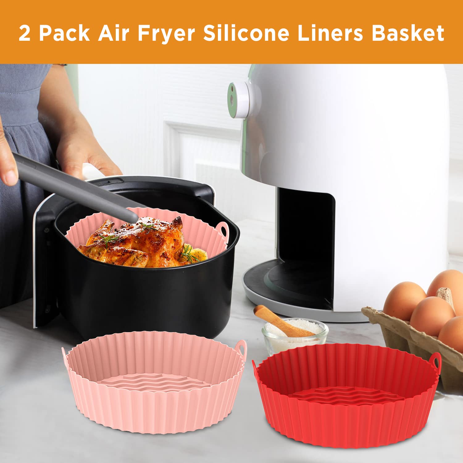 OUTXE 2-Pack Reusable 7.5-Inch Silicone Air Fryer Liners - Heat Resistant, Non-Stick Basket for 3-5 Qt Air Fryers - Easy to Clean, Dishwasher Safe (Pink + Red) - Perfect for Healthy Cooking, French Fries, Chicken Wings & Vegetables