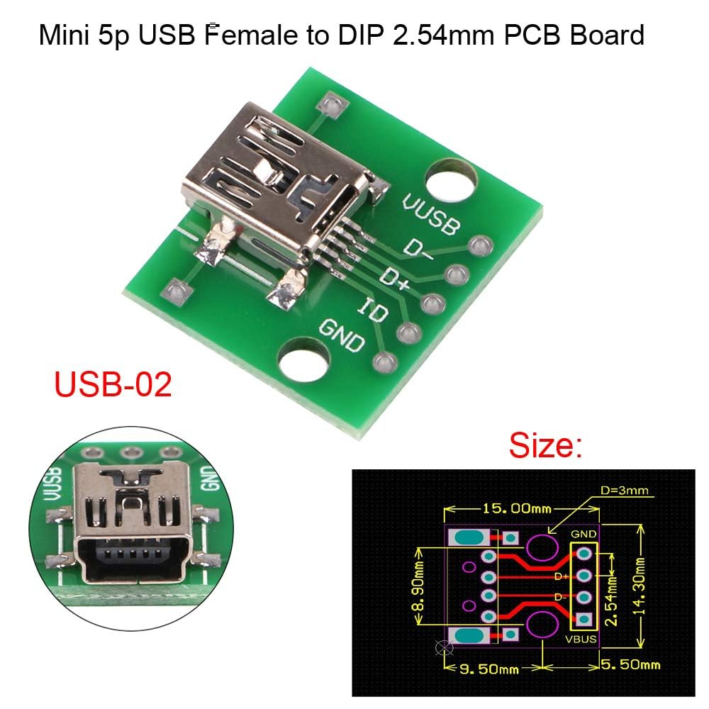 MakerHawk 6pcs USB to DIP Adapter Converter Kit - Mini USB Female, Micro USB Female, 2.54mm 4pin USB Male, USB 2.0/3.0 Female & Type B Square Interface to DIP PCB Breakout Board Module for DIY Electronics & Prototyping Projects