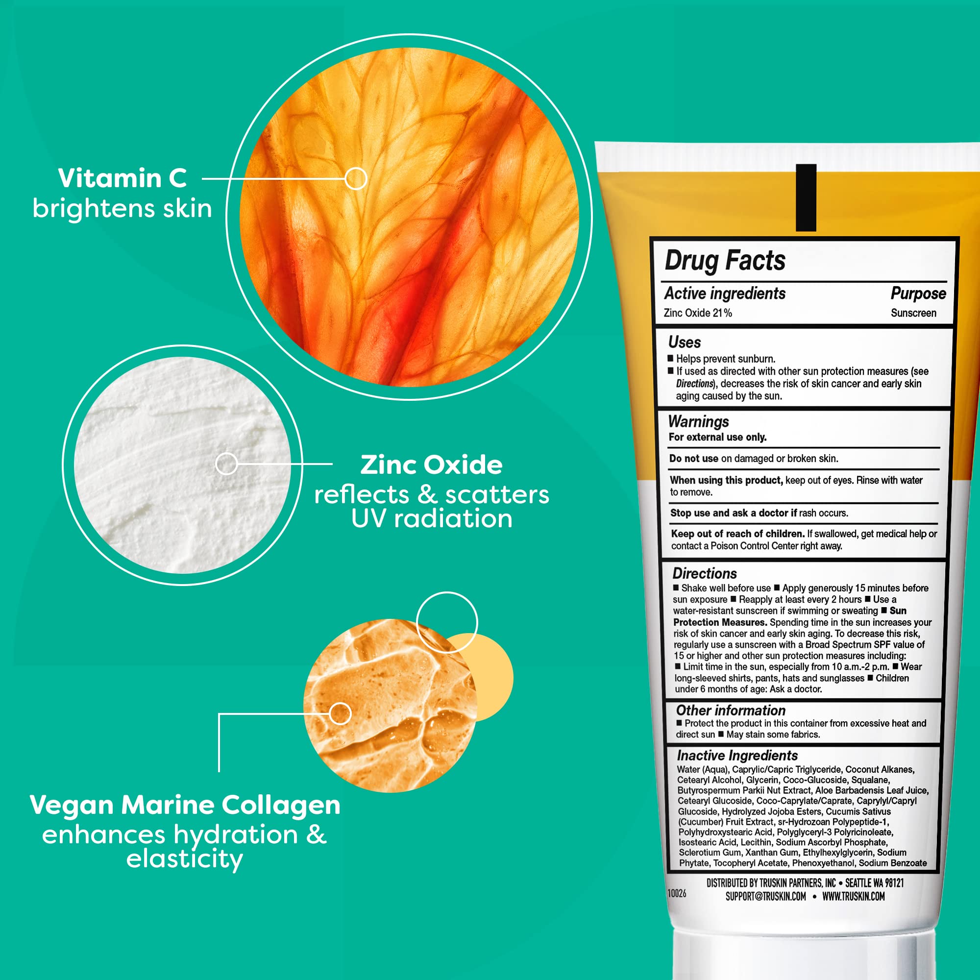 TruSkin Mineral Sunscreen SPF 30 for Face - Broad Spectrum Zinc Oxide Sunscreen with Vitamin C & Vegan Marine Collagen - Lightweight, Non-Greasy SPF for Sensitive Skin - 1.7 fl oz - Perfect for Daily Use, Outdoor Activities & Beach Protection