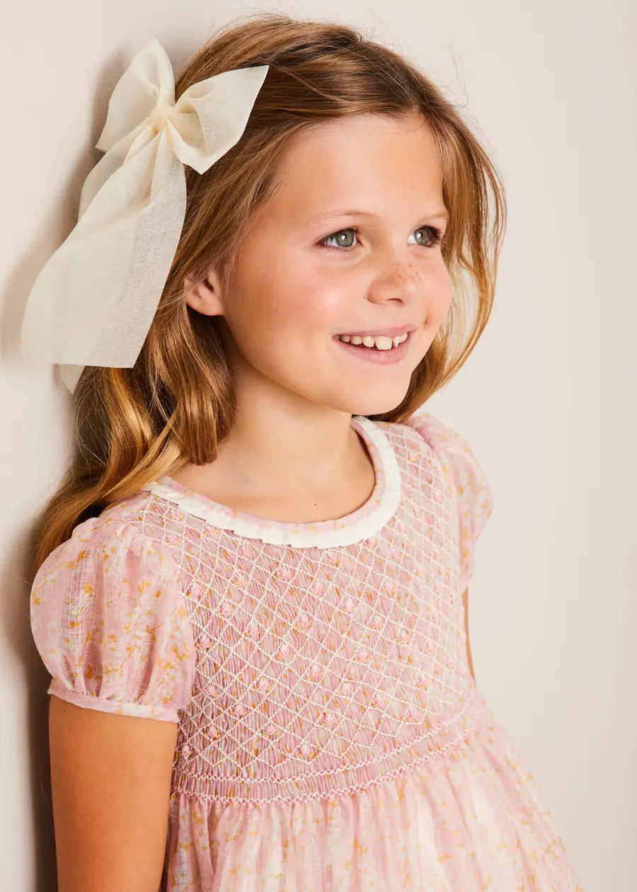Constance Floral Hand Smocked Short Sleeve Party Dress for Girls in Pink - Sizes 12 Months to 10 Years | Perfect for Birthday Parties, Easter, Christmas & Special Occasions