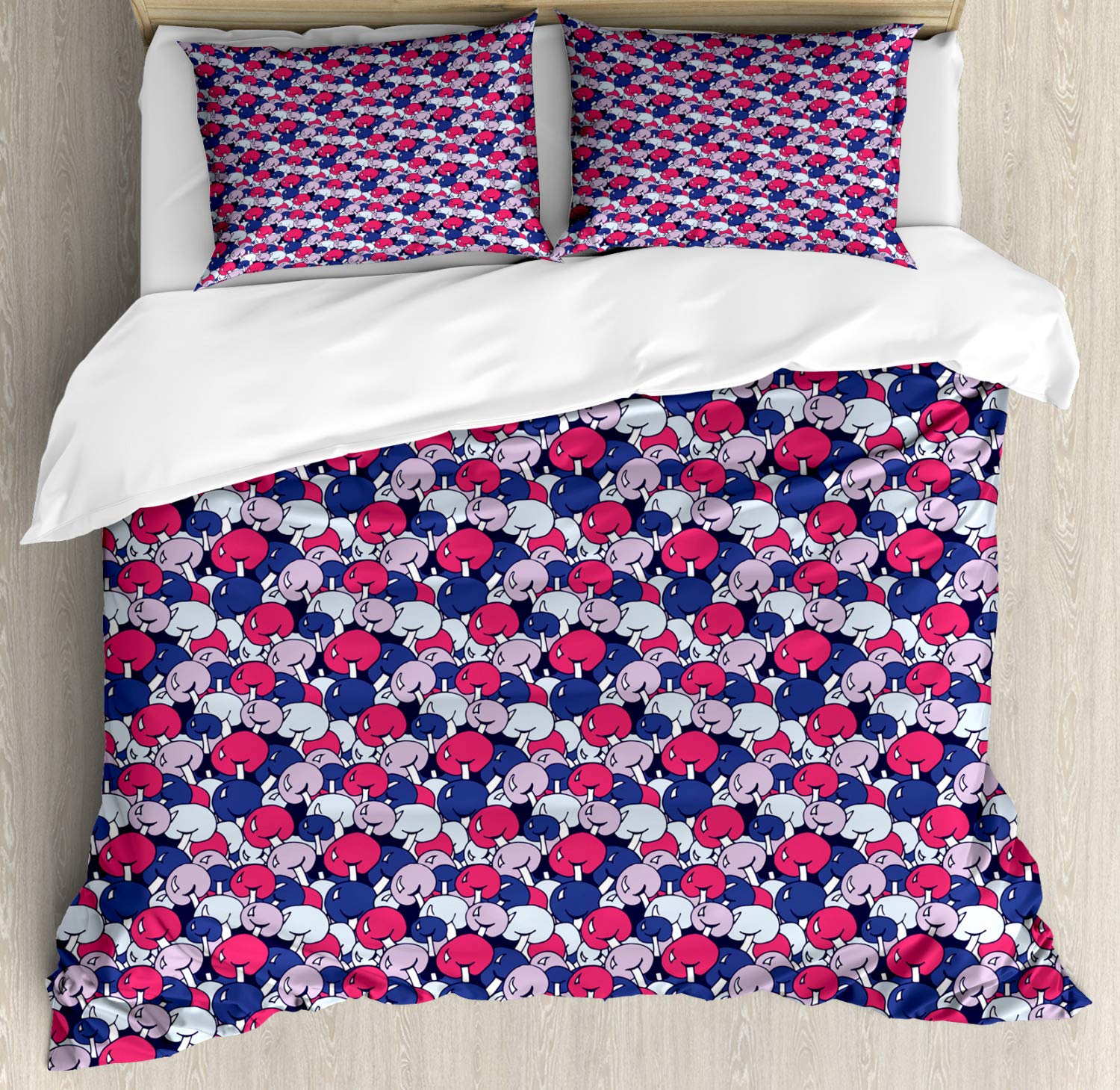 Ambesonne Colorful Duvet Cover Set - King Size 3 Piece Bedding with 2 Pillow Shams | Natural Theme Cartoon Mushrooms Doodle Pattern, Woodland Food Art Design | Perfect for Kids' Rooms, Nursery Decor & Whimsical Bedroom Themes