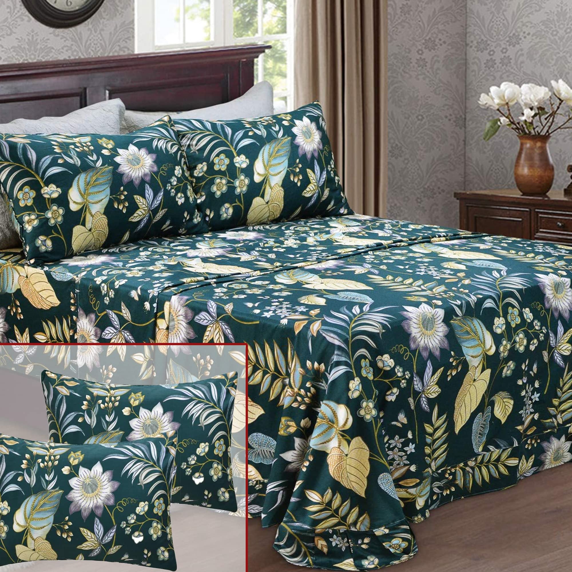 FADFAY 6-Piece Tropical Palm Leaf Printed Bed Sheet Set - Twin Size with 1 Flat Sheet, 1 Fitted Sheet & 4 Pillowcases | Exotic Botanical Bedding for Beach House, Vacation Rental or Tropical Bedroom Decor