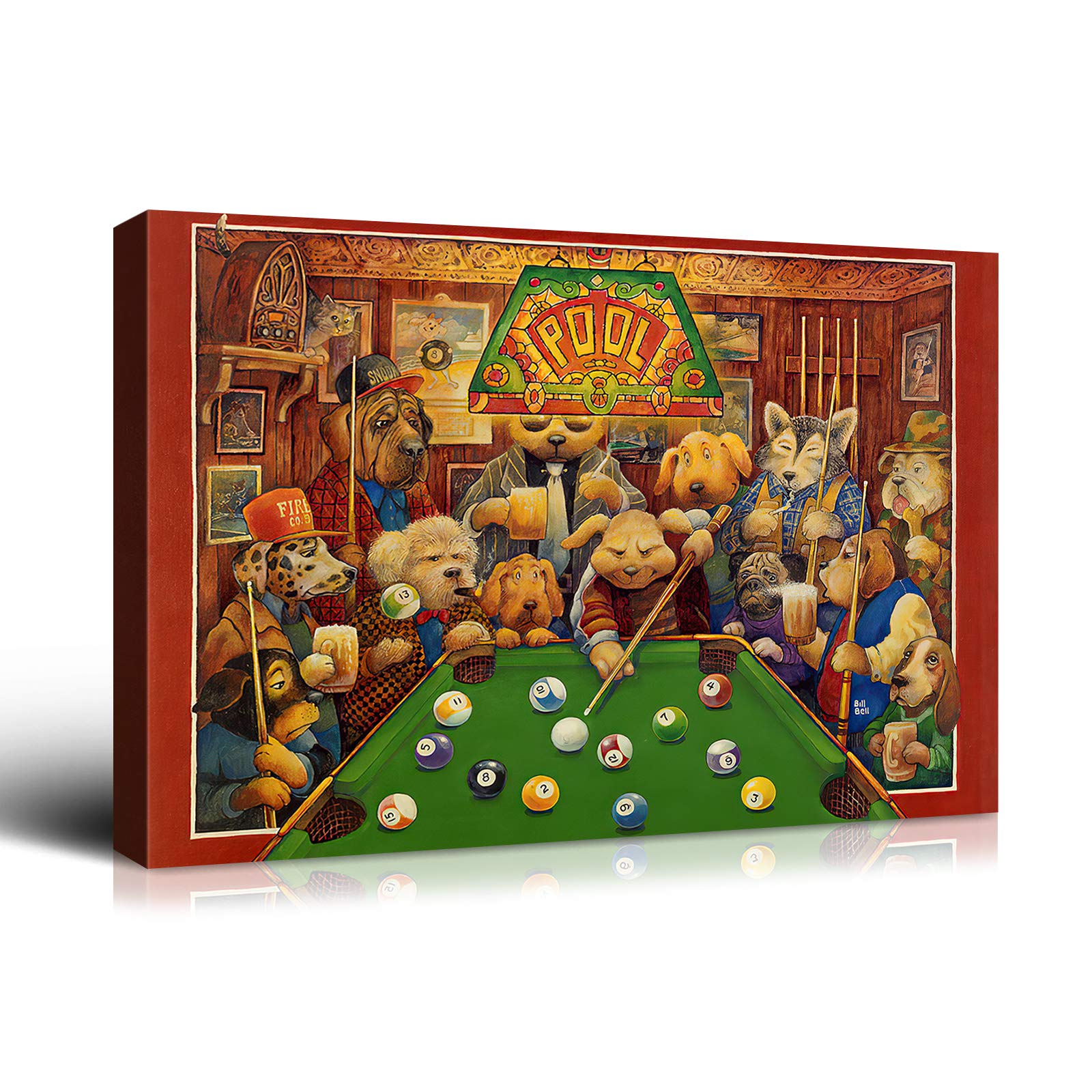 Denozer Dogs Playing Pool Oil Painting Reproduction - Cassius Marcellus Coolidge Billiards Art, Giclee Canvas Print Wall Decor (48x32 Inch) Ready to Hang - Perfect for Game Rooms, Man Caves & Entertainment Spaces