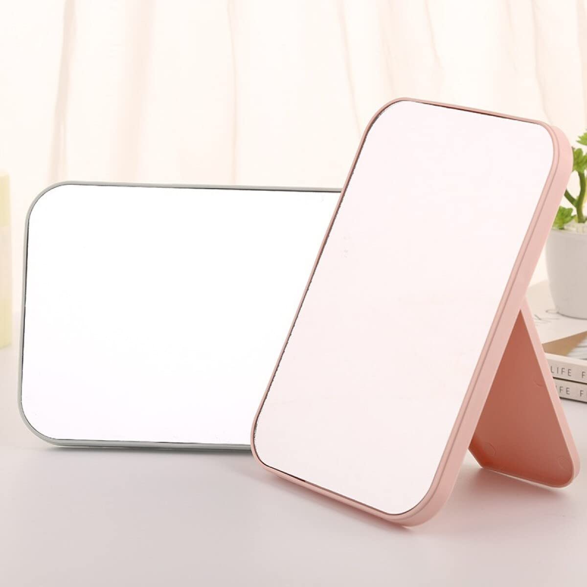 Leeonz Rectangular Vanity Makeup Mirror with Folding Bracket - Adjustable Desktop Dressing Mirror with Stand for Women & Girls (Blue) | Perfect for Bedroom, Bathroom, Dorm Room & Travel Makeup Application