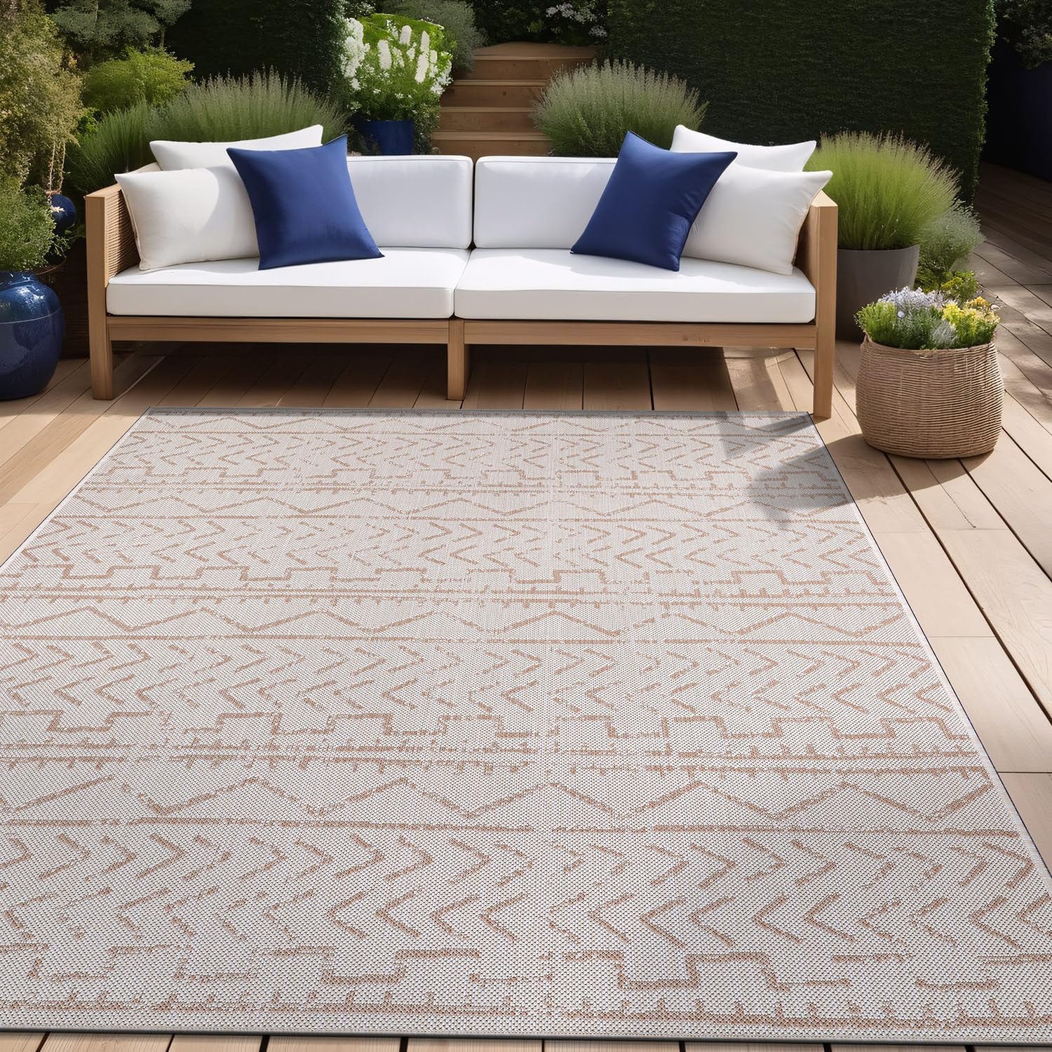 Beverly Rug Waikiki 6x9 Indoor Outdoor Washable Carpet - Water Resistant Beige & White Area Rug for Patio, Deck, Porch, Trellis | Perfect for Backyard, Poolside, and Sunroom Decor
