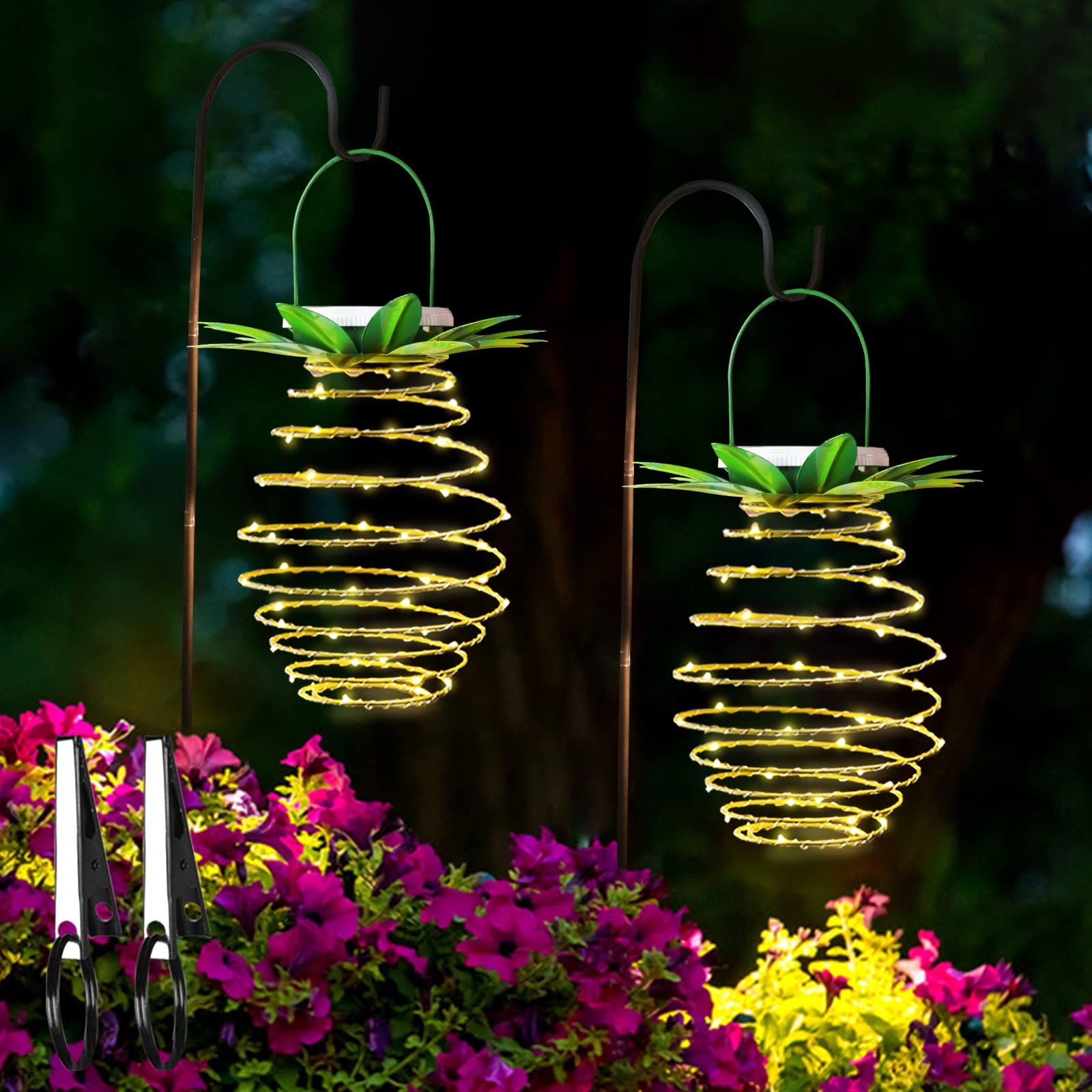 2 Pack Solar Pineapple Lights - 60 LED Warm White Outdoor Hanging Lanterns with Handle, Waterproof Solar Powered Garden Decor for Patio, Yard, Porch, Pathway - Perfect for Summer Nights & Tropical Themed Parties