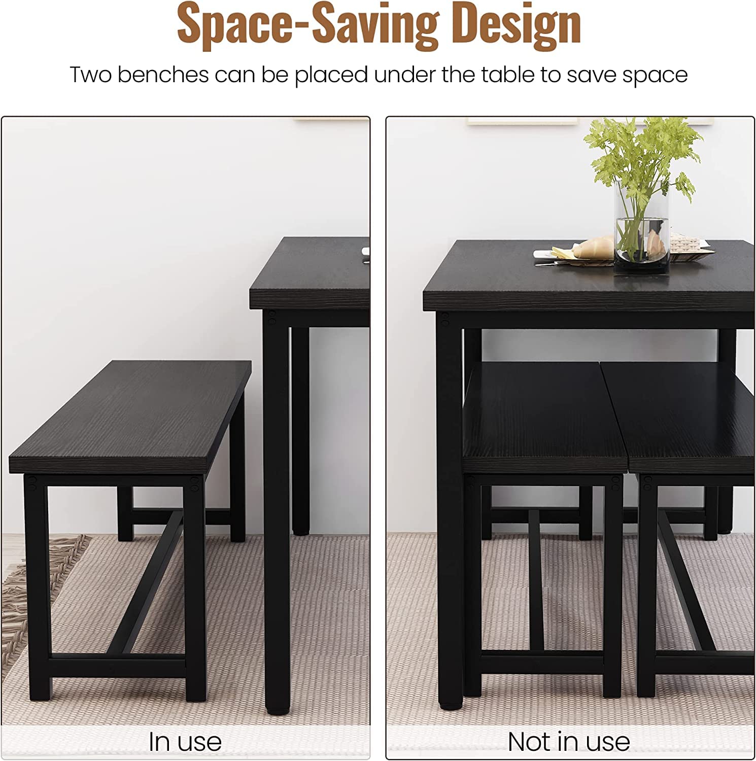 Farmhouse Dining Table Set with 2 Benches - Solid Wood Kitchen Table and Chairs for 4-6 People, Black Breakfast Nook Set for Small Spaces - Perfect for Family Meals, Entertaining Guests & Cozy Dining