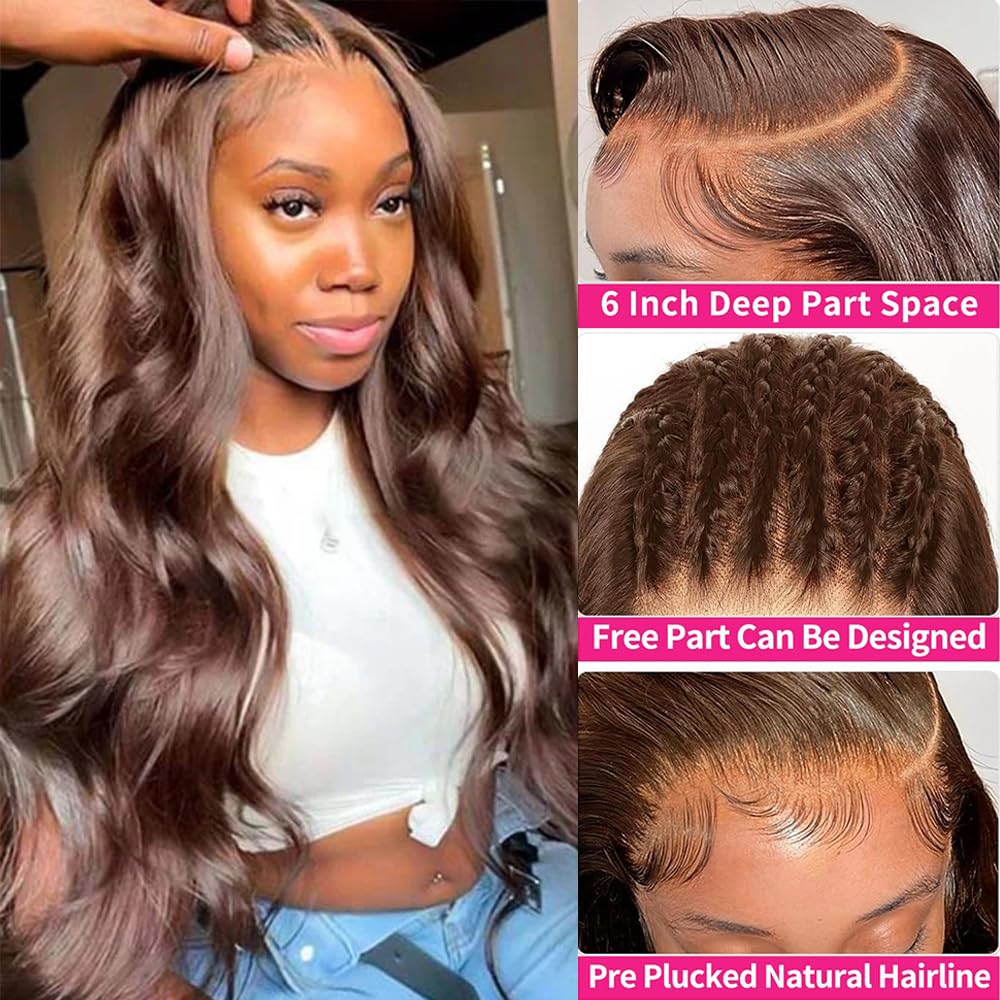 Muokass 250% Density 13x6 HD Full Lace Front Wigs Human Hair - 28 Inch Chocolate Brown Pre-Plucked Body Wave Lace Wig for Women | Natural Look for Daily Wear, Parties & Special Occasions