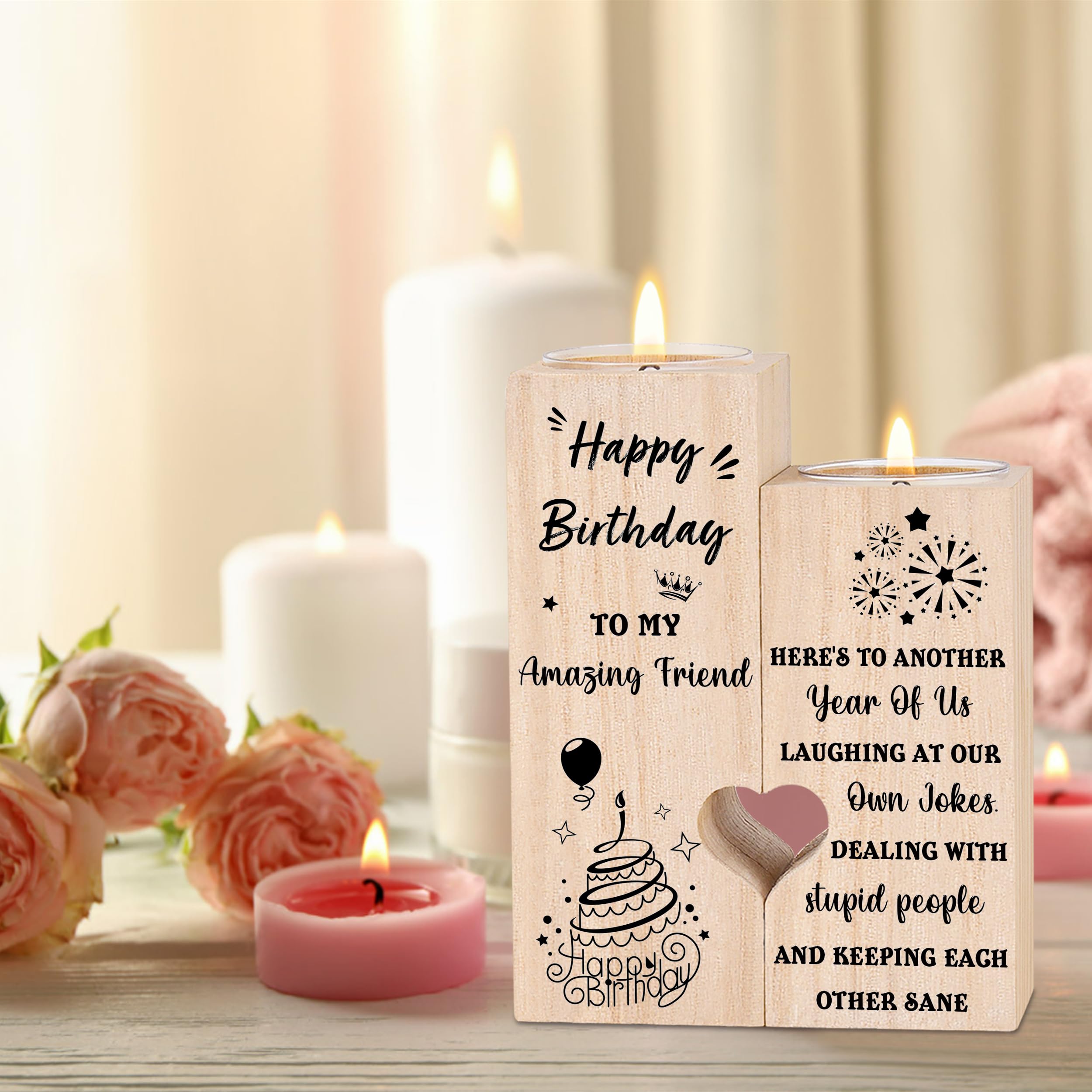 Unique Wooden Heart-Shaped Candle Holders with Candles - Perfect Birthday Gifts for Women, BFF & Bestie | Friendship Gifts & Party Decor for Birthdays, Anniversaries & Special Occasions