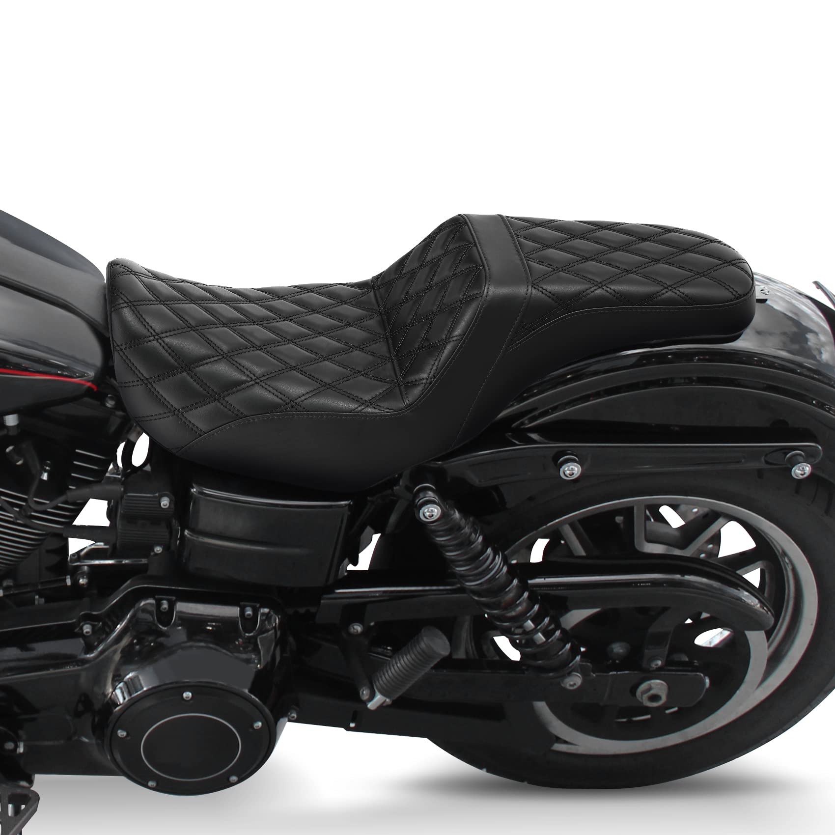 SLMOTO Diamond Pattern Driver & Rear Passenger Seat for Harley Dyna Super Glide Street Bob Wide Glide Fat Bob Low Rider Switchback 2006-2017 - Black Stitching | Comfortable Motorcycle Seat for Long Rides & Cruising