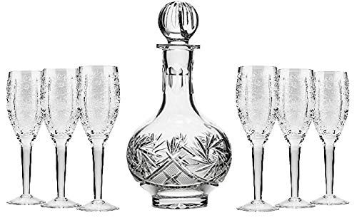 Premium 16 Oz Crystal Whiskey Decanter Set with 6 Elegant Stemmed Liquor Glasses & 2 Oz Shot Glasses - 7-Piece Barware Gift Set for Bourbon, Scotch, Vodka - Perfect for Home Bars, Dinner Parties & Gifts