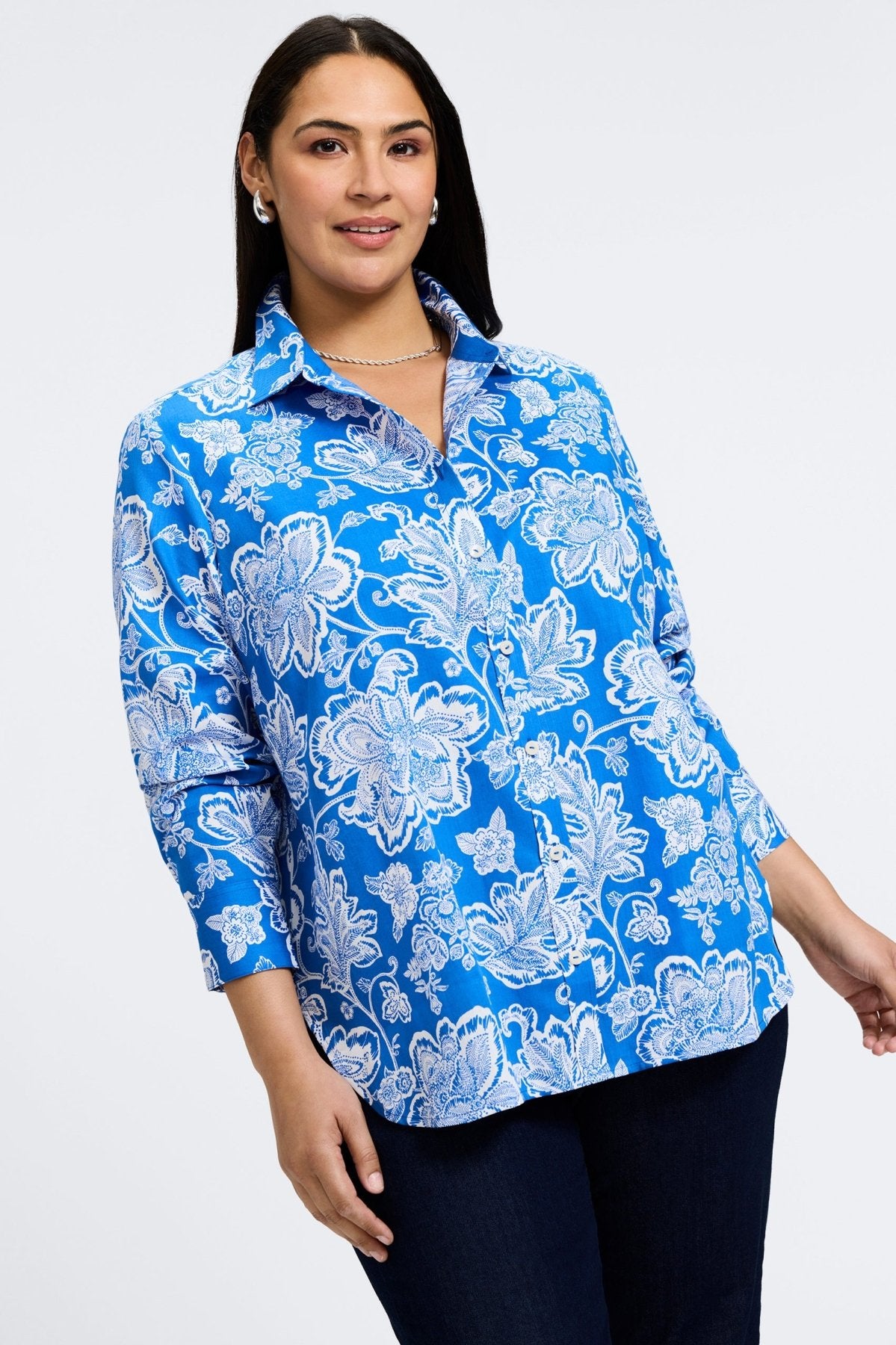 Meghan Plus Woodblock Floral Long Sleeve Shirt - Women's Bohemian Style Blouse for Casual Wear, Office & Date Night Outfits