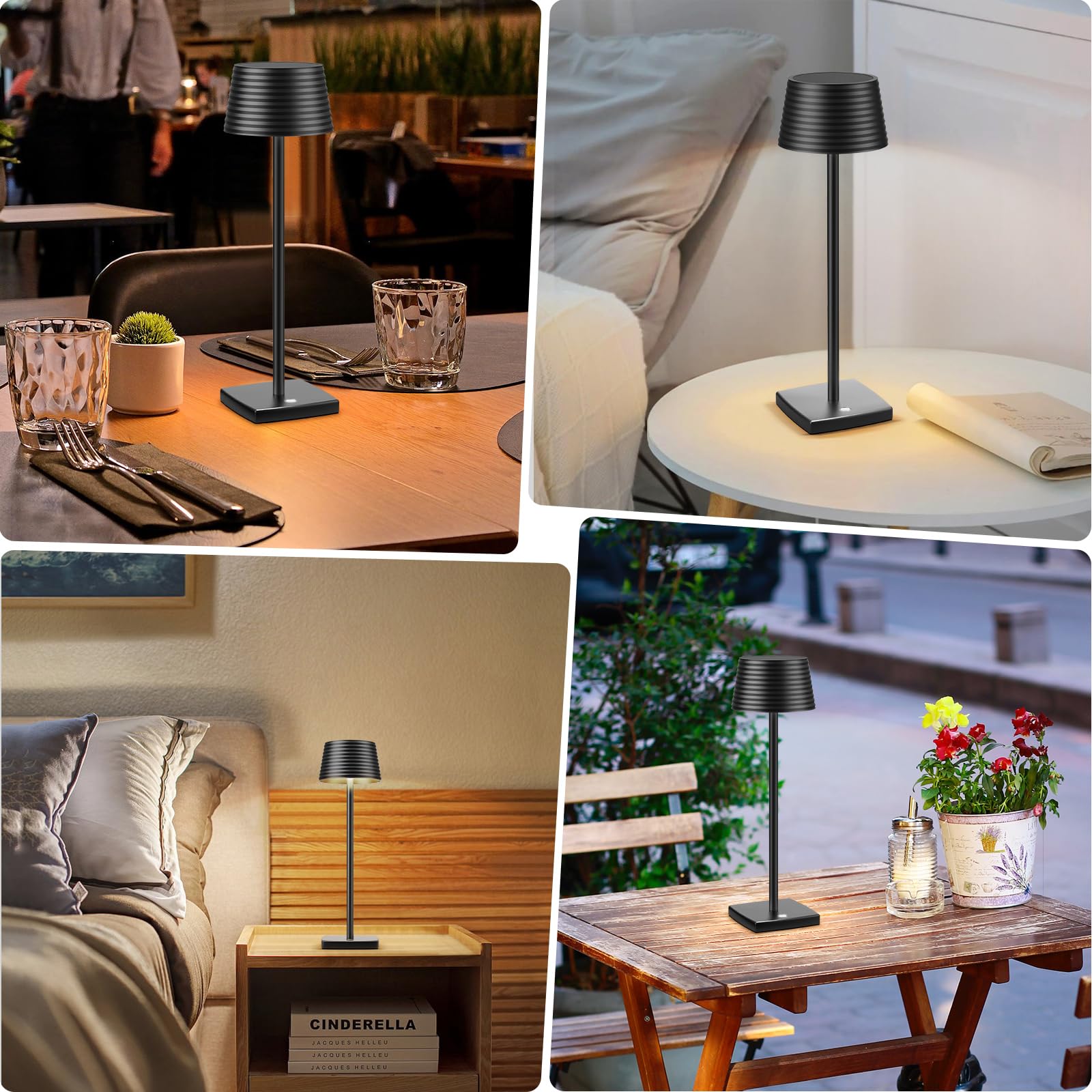 Rechargeable Cordless LED Desk Lamp - 5000mAh Battery, Aluminum Metal Housing, 3 Brightness Levels, USB Powered Portable Night Light for Home Office, Restaurant, Bar & Outdoor Use (Black, 2-Pack)