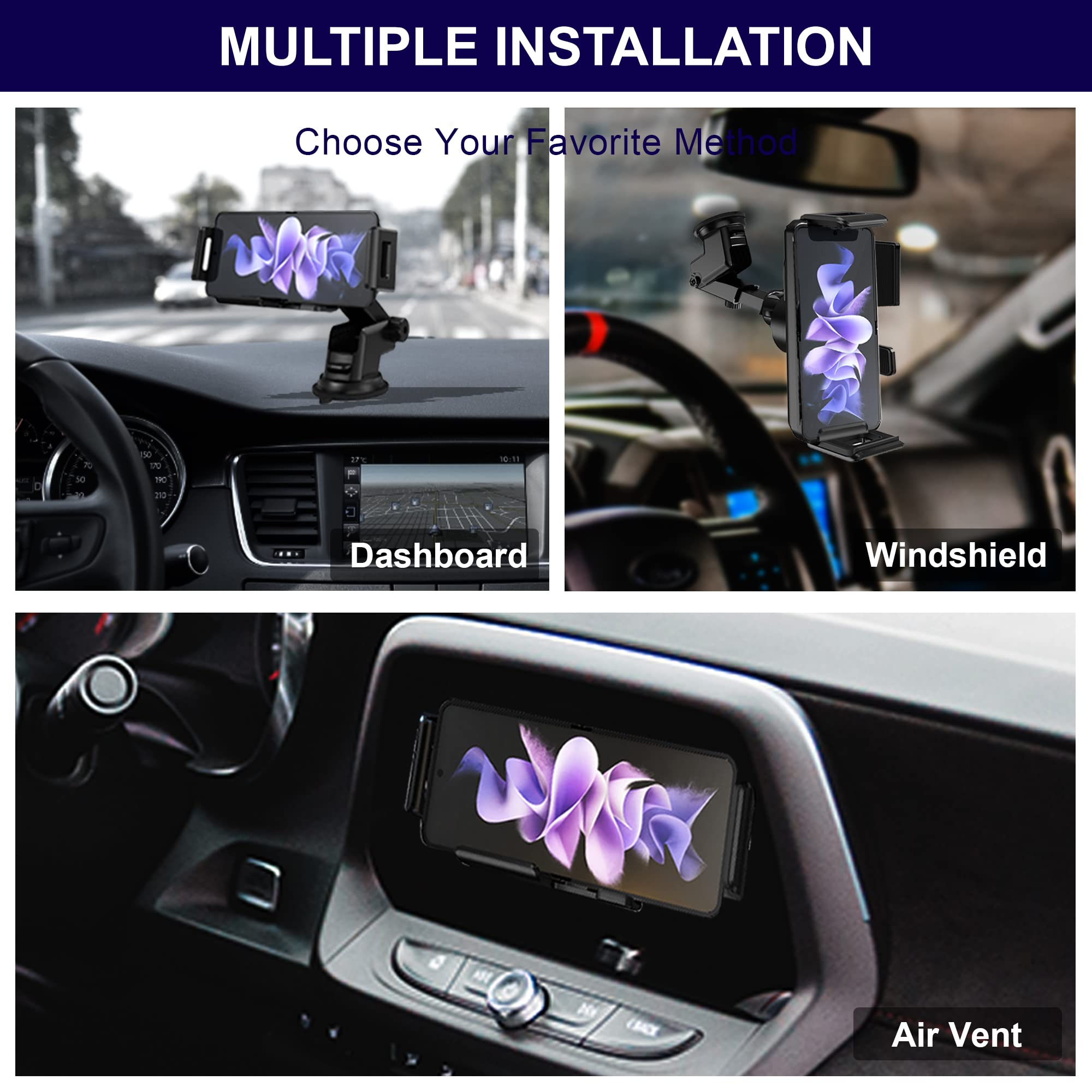 15W Qi Wireless Car Charger Auto-Rotating Dual Coils Fast Charging - Universal Phone Mount Holder for Samsung Galaxy Z Fold 6/5/S24/S23, iPhone 16/15/14 Pro Max, Google Pixel 8/7 Pro - Perfect for Commuting, Road Trips & Hands-Free Driving (L)
