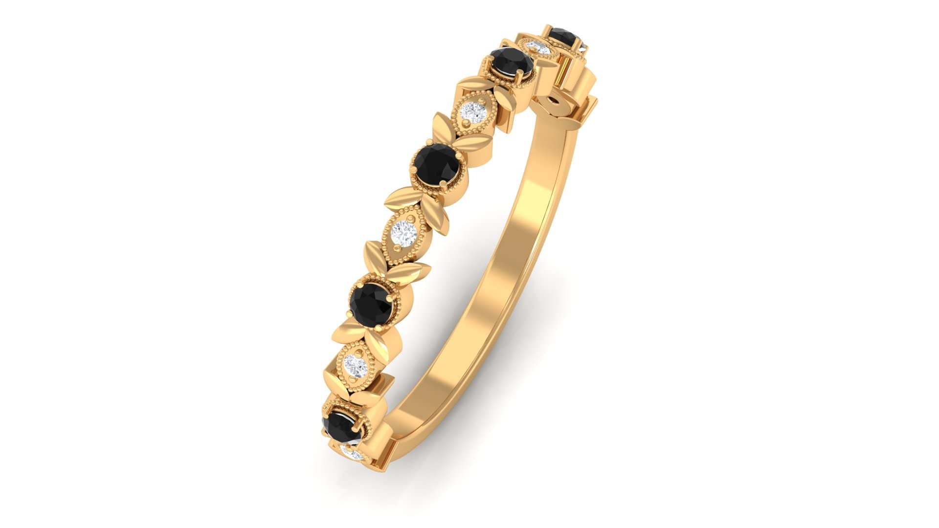1/4 CT Lab-Created Black Diamond & Moissanite Ring - 14K Solid Gold Beaded & Leaf Design Half Eternity Band - Elegant Wedding, Anniversary & Promise Ring for Women