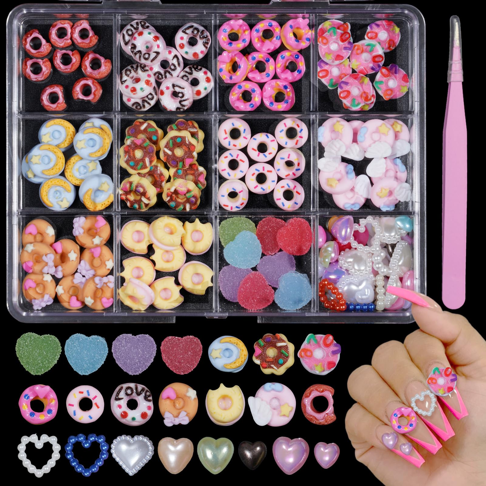 3D Candy Nail Charms - Assorted Donut, Pearl Heart & Cartoon Nail Art Decorations for DIY Nail Design | Includes Pickup Tools | Perfect for Nail Salons, Home Manicures & Party Nail Art