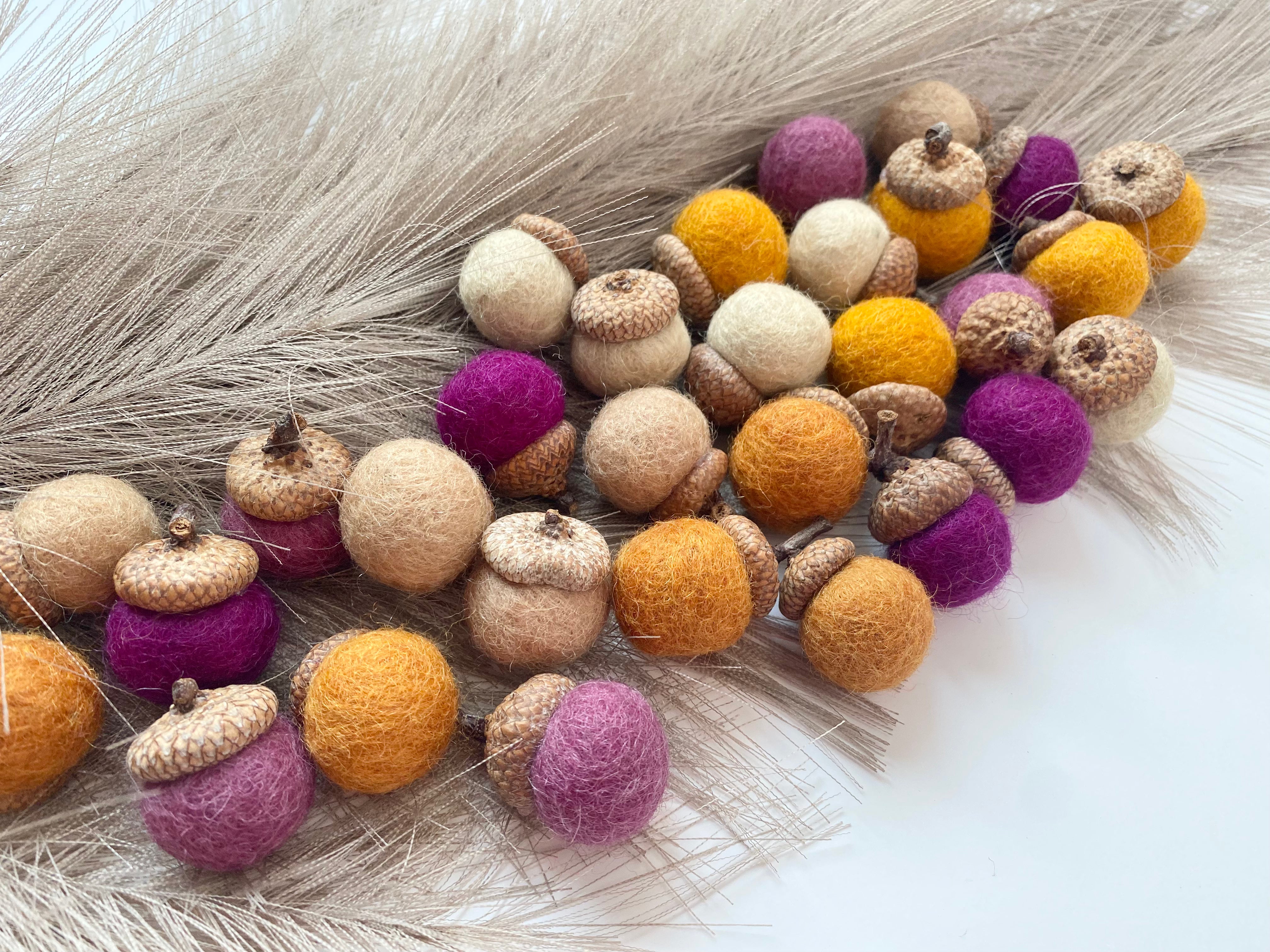 Vibrant Orange & Purple Wool Acorns - Handmade Fall Decor for Home, Crafts, and Seasonal Displays