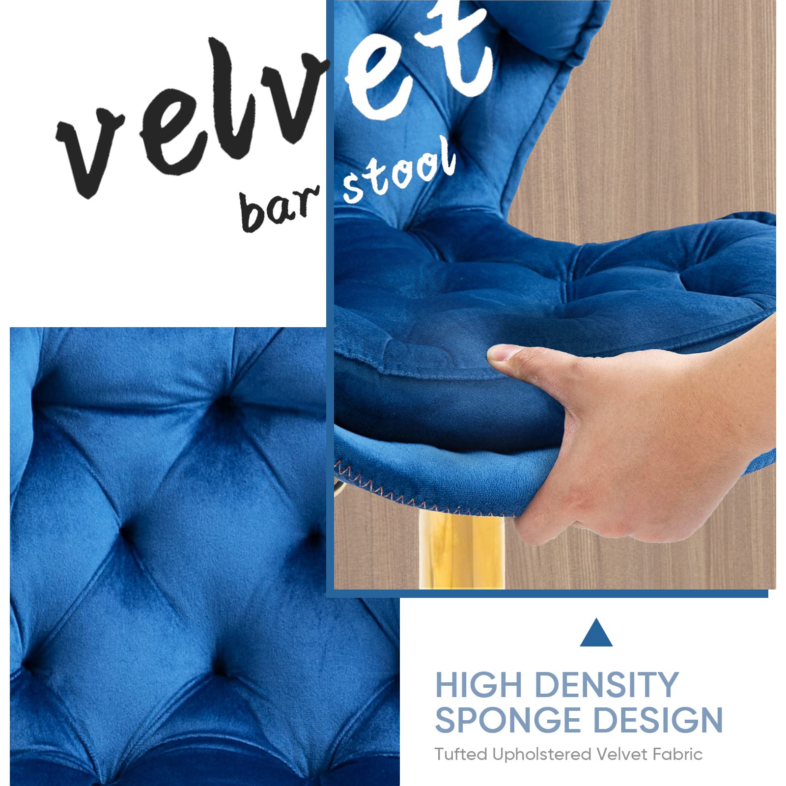 Modern Swivel Bar Stools Set of 2 - Velvet Counter Height Kitchen Stools with Gold Metal Base, Backless Bar Chairs for Kitchen Island, Breakfast Nook & Home Bar (2 Pack, Blue) - Perfect for Entertaining, Dining & Small Space Decor