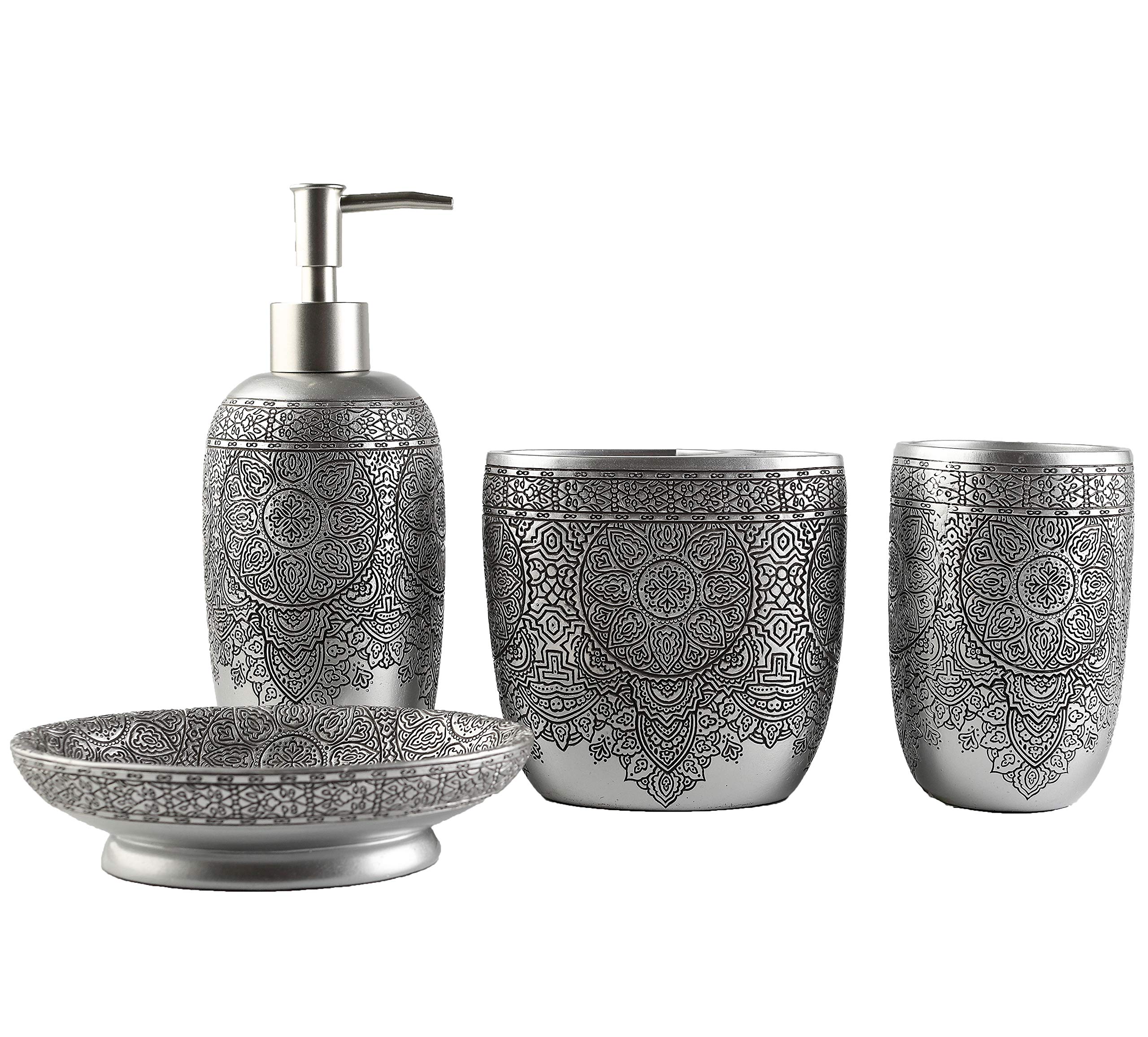 Hymmah 4-Piece Farmhouse Bathroom Accessories Set - Toothbrush Holder, Soap Dispenser, Soap Dish & Tumbler | Resin Bathroom Decor Gift Set for Apartment Essentials | Perfect for Modern Farmhouse, Rustic & Vintage Bathroom Decor Styles