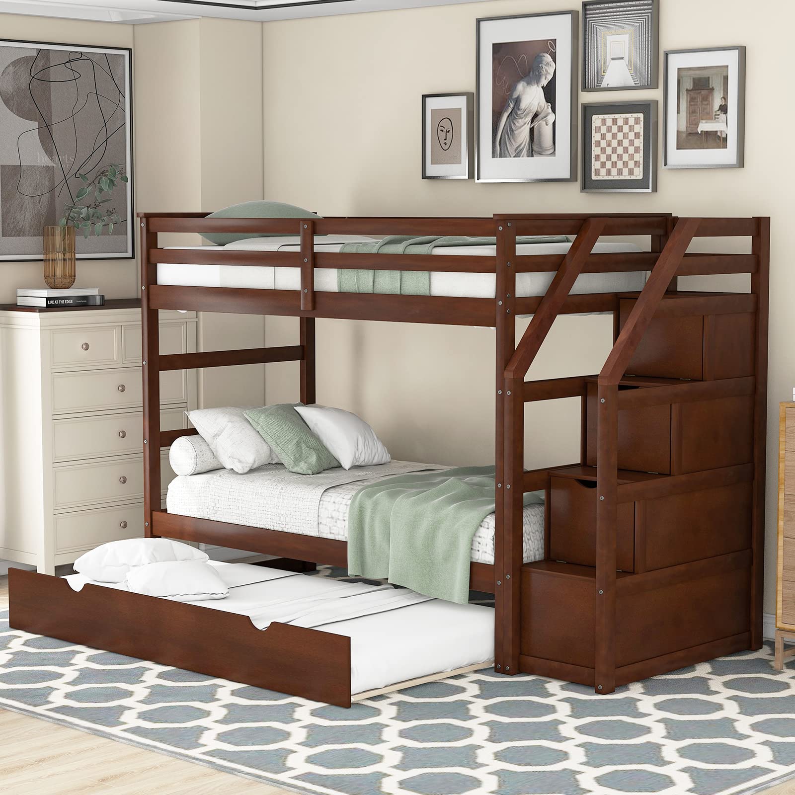 Premium Twin Over Twin Bunk Bed Frame with Trundle & Storage Stairs - Solid Wood Construction, Slat Support & Safety Guard Rail - No Box Spring Needed - Easy Assembly - Walnut Finish - Perfect for Kids' Bedrooms, Guest Rooms & Space-Saving Solutions