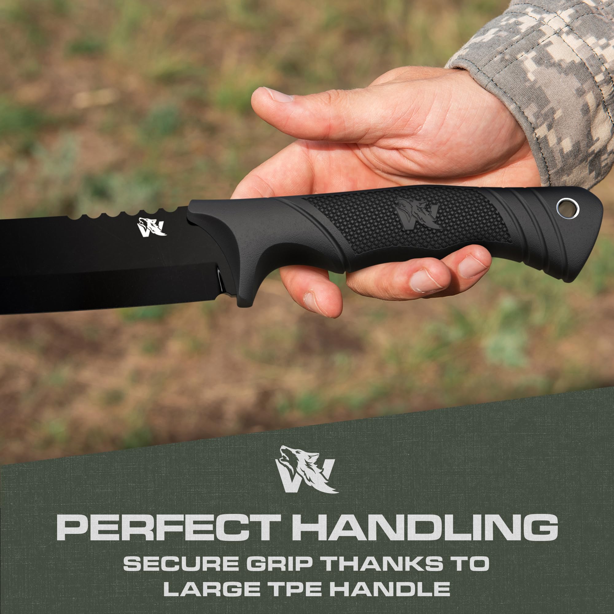 D2 Steel Survival Machete with Sheath - Full Tang Tactical Knife for Bushcraft, Yard Work & Tree Cutting | Heavy Duty TPE Handle Outdoor Tool for Camping, Hunting & Emergency Preparedness