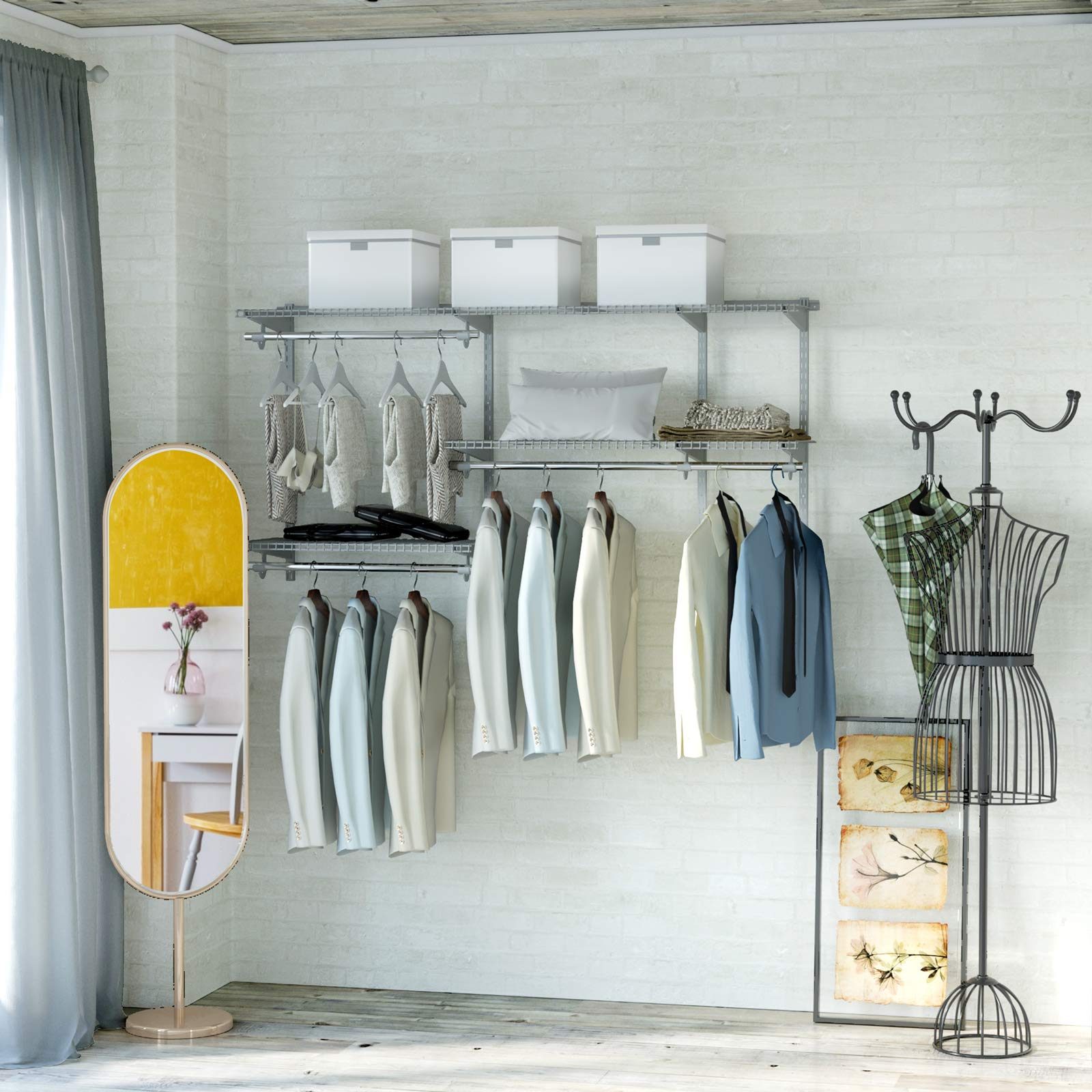 Tangkula 3-5 FT Custom Closet Organizer System Kit - Wall Mounted Storage with Adjustable Wire Shelves & Hanging Rods | Modular Closet Organization for Bedroom, Walk-in Closet & Small Space Storage Solutions