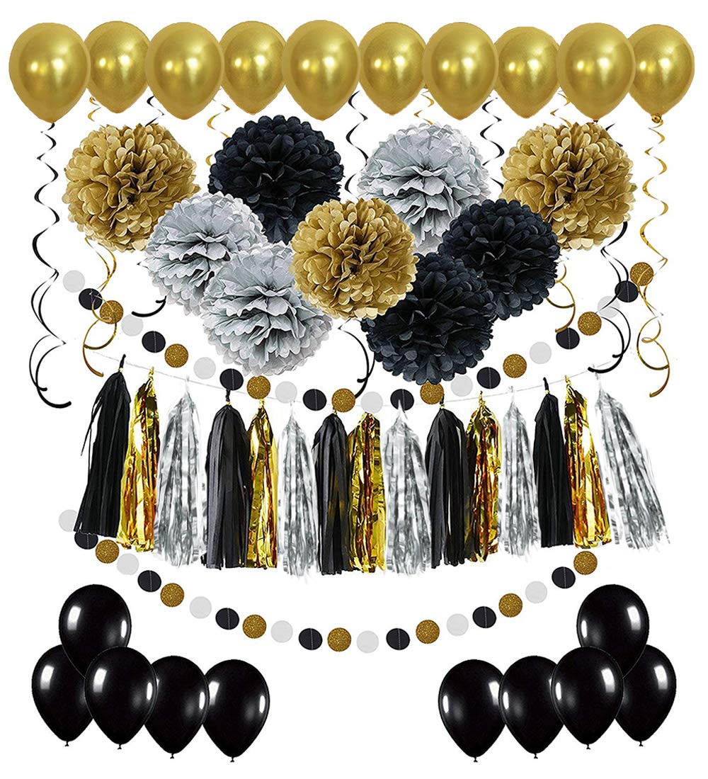 Black and Gold Party Decorations Set - 58Pcs Masquerade & Birthday DIY Kit with Paper Pom Poms, Tassel Garland, Balloons, Hanging Swirls & Circle Garlands - Perfect for Mardi Gras, New Year's Eve & Glamorous Birthday Parties