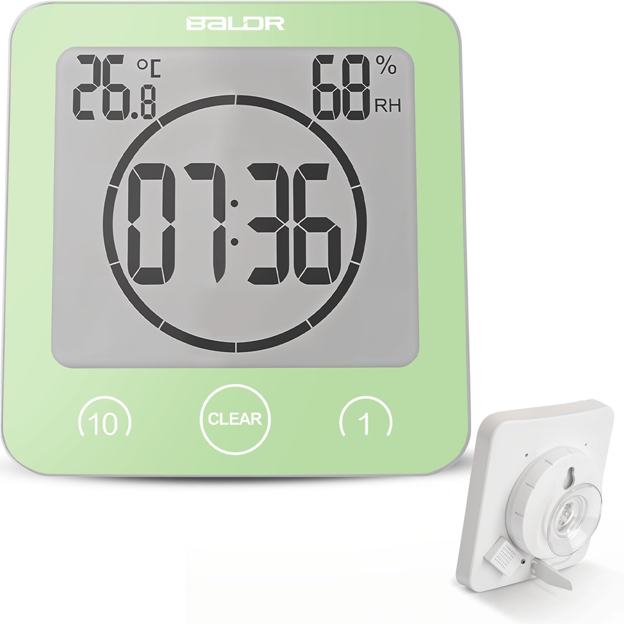 BALDR Digital Shower Clock with Timer - Green Waterproof Bathroom Clock with Temperature & Humidity Display, Countdown Timer, Alarm Clock (Battery Powered) - Perfect for Shower, Bathroom, Gym & Spa Use