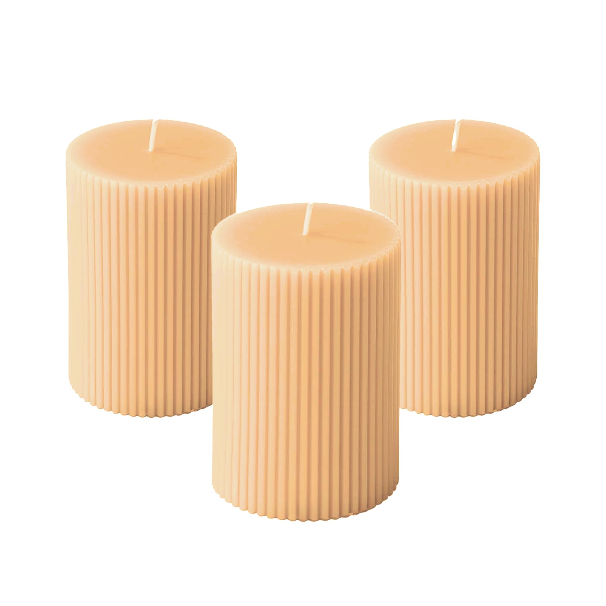 Premium Ribbed Pillar Candles - Champagne Yellow Unscented 2.75x4 Inch Textured Handmade Candles (3-Pack) - Elegant Home Decor for Weddings, Dinner Parties & Romantic Ambiance