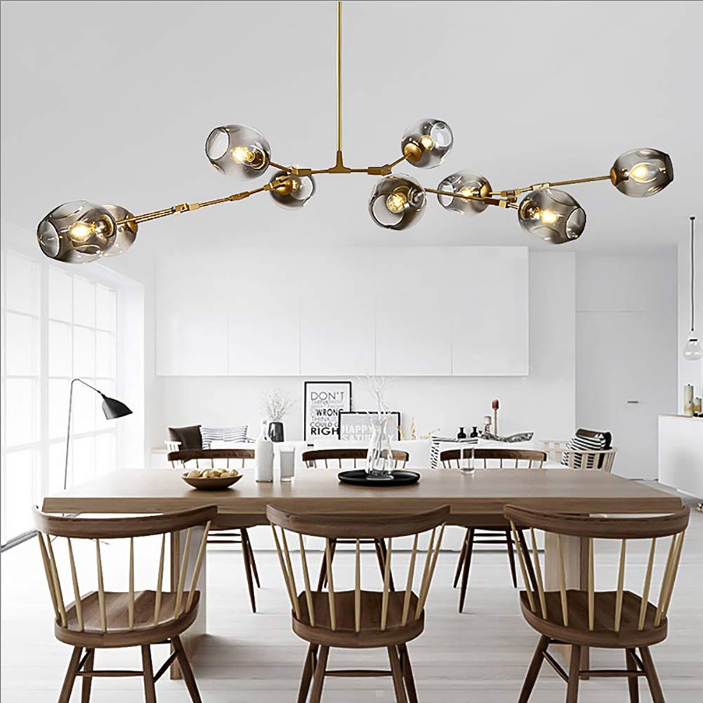 Modern 6-Light Adjustable Bubble Sputnik Chandelier - Black Metal Frame with Chrome Finish & Gradient Smoke Gray Glass Shades - Perfect for Kitchen Island, Dining Room, and Contemporary Living Spaces