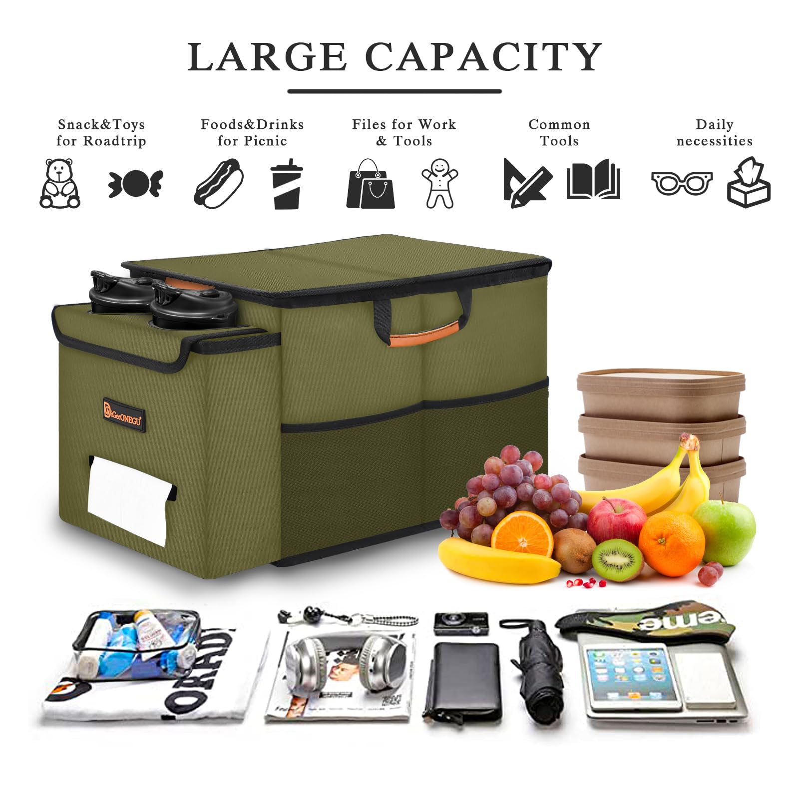Car Seat Organizer with Cooler Compartment & Cup Holder - Front & Back Seat Storage for Kids - Travel Organizer with Lid, Tissue Holder for Road Trips & Family Vacations - Olive Green