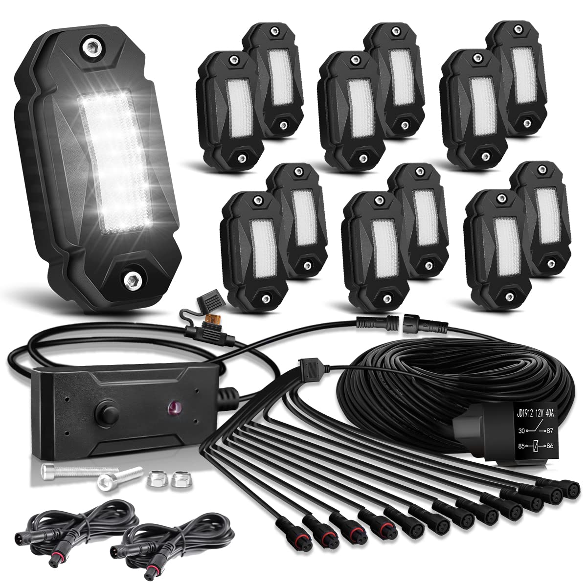R2 White LED Rock Lights Kit - 12PCS Super Bright Waterproof Underbody Glow Lights for Trucks, Off-Road RZR, SUV, ATV, UTV | High Power Trail & Rig Lighting with Switch & Wire Harness | Perfect for Night Off-Roading, Car Shows & Vehicle Customization